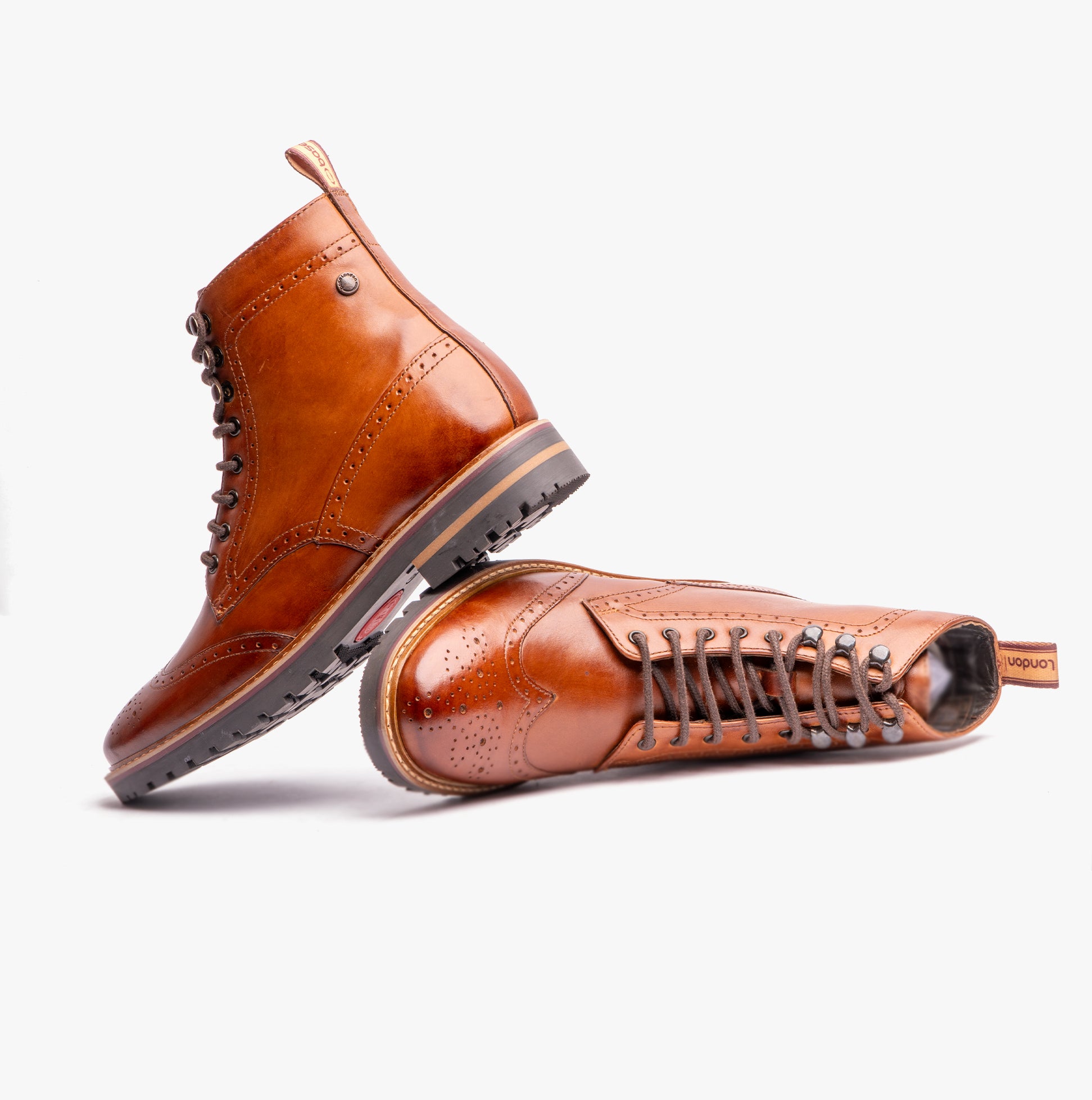 Base London GROVE WASHED Mens Boots Burnt Tan side and front view showcasing leather upper and lace-up design.