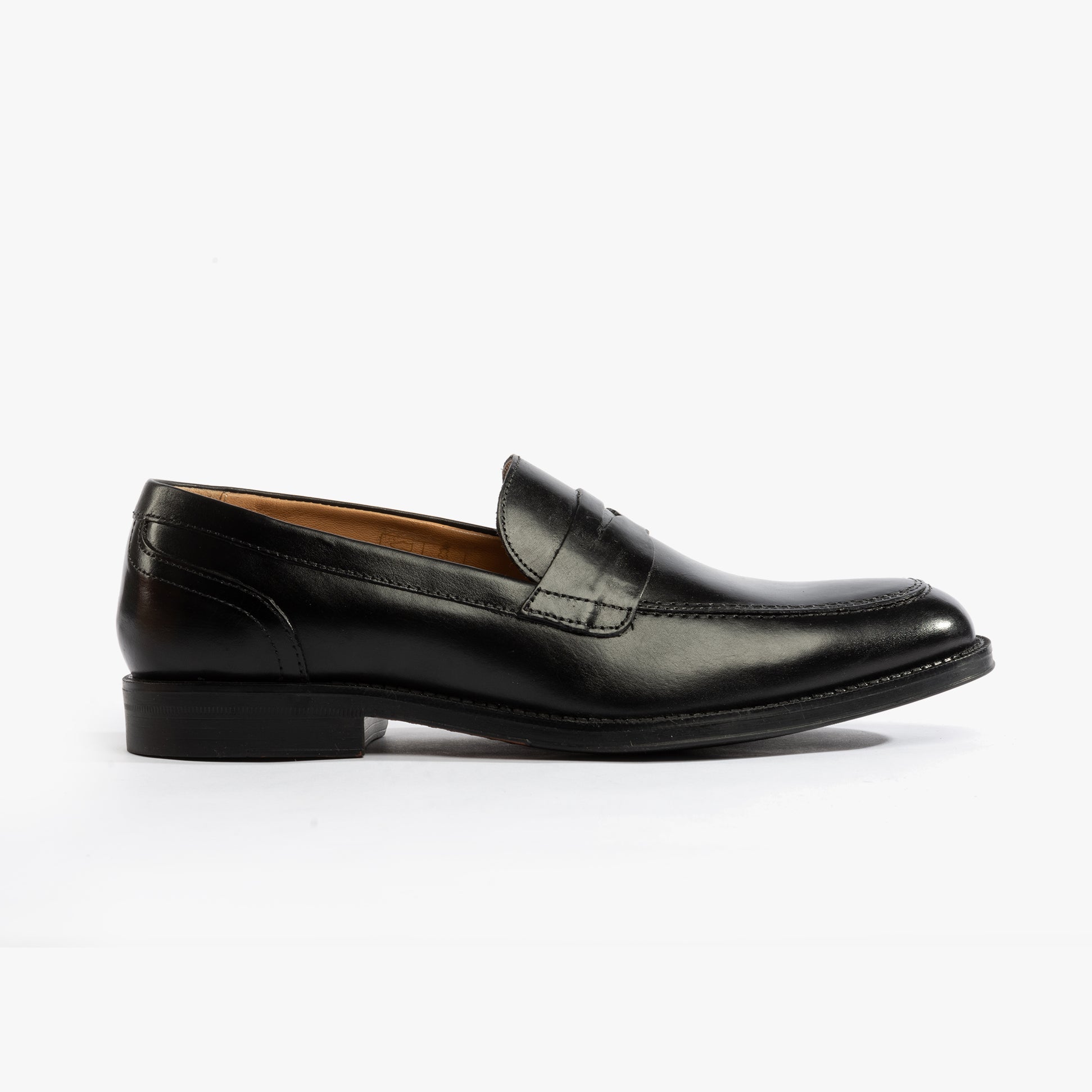 Base London KENNEDY Mens Shoes Black side view showing leather loafer design and block heel.