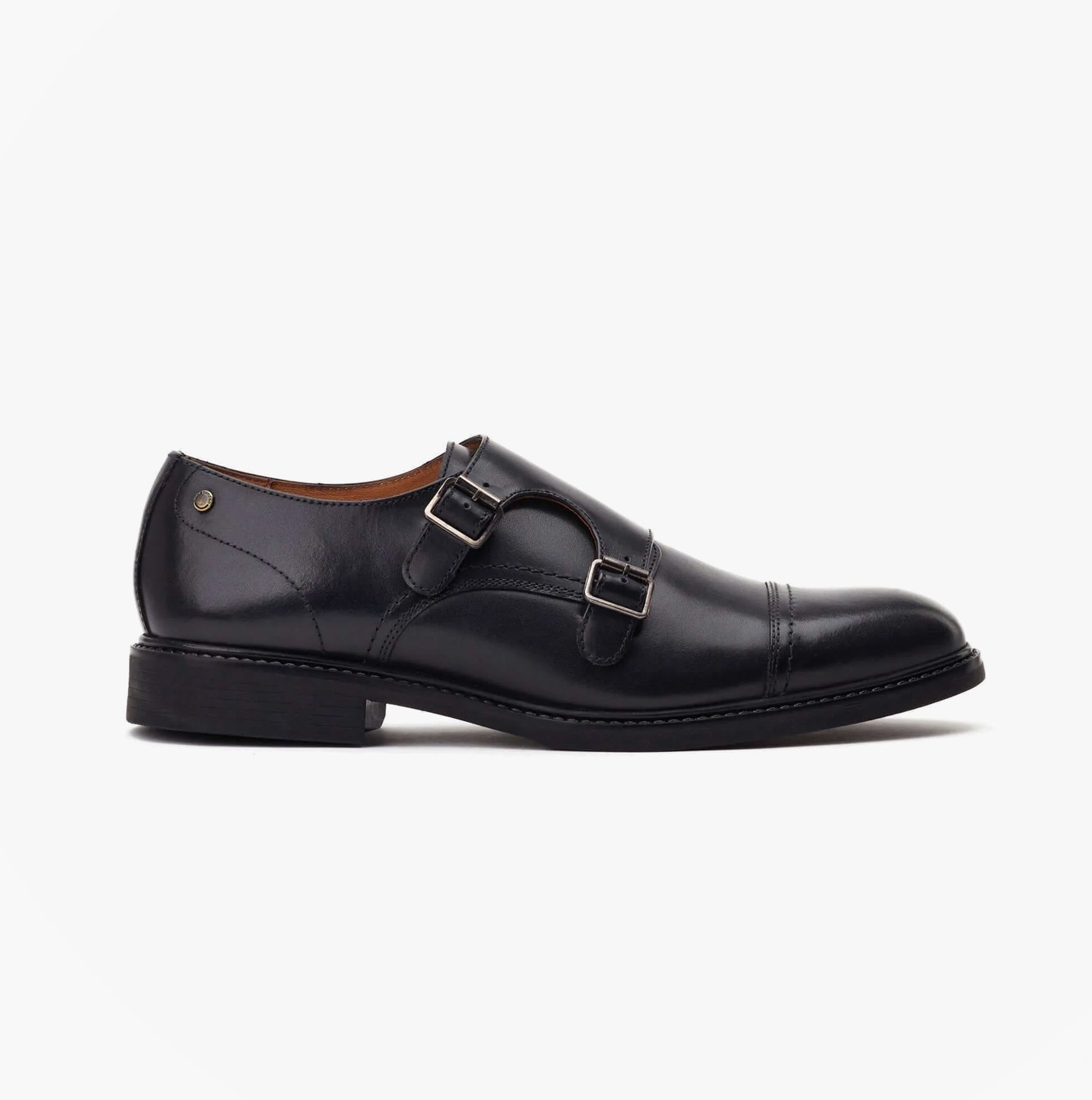 Base London DIABLO Mens Shoes Black side view, monk style shoes in leather with buckle closure.