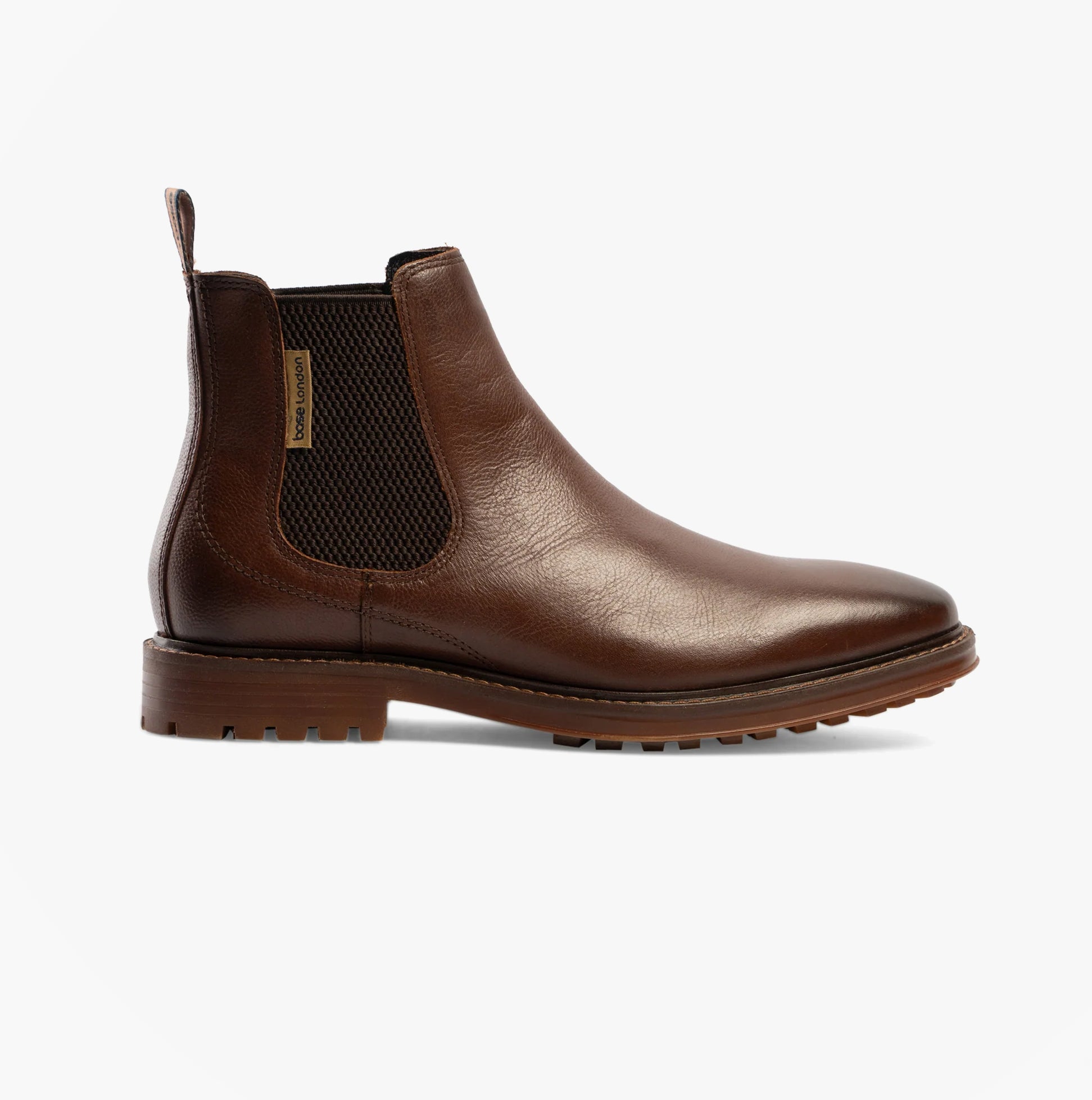 Base London DOUGLAS Mens Boots Brown side view showing leather upper, block heel, and elastic sides for easy pull-on.
