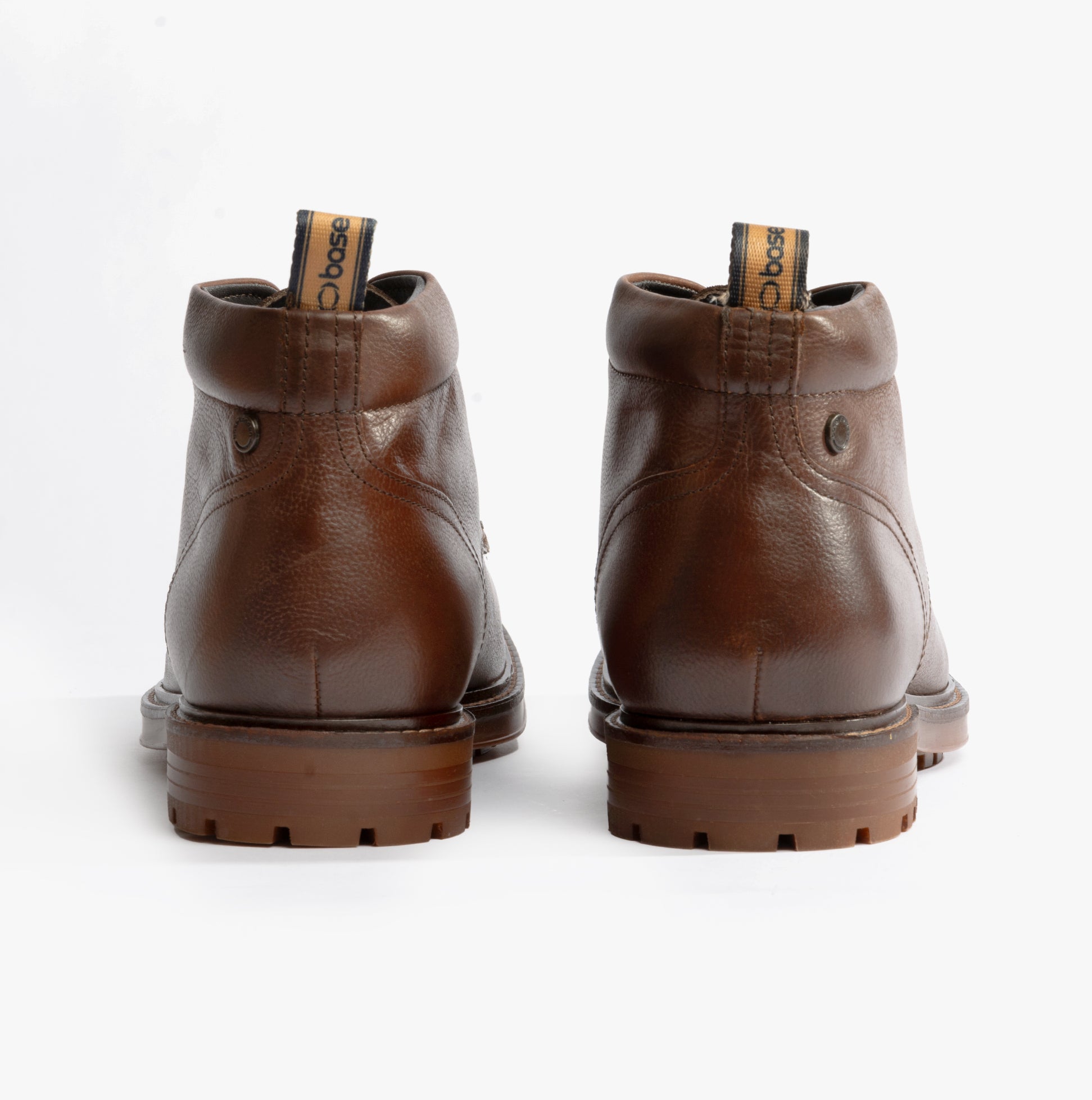 Base London CANMORE Mens Boots Brown rear view showing leather ankle boots with block heel and lace-up design.