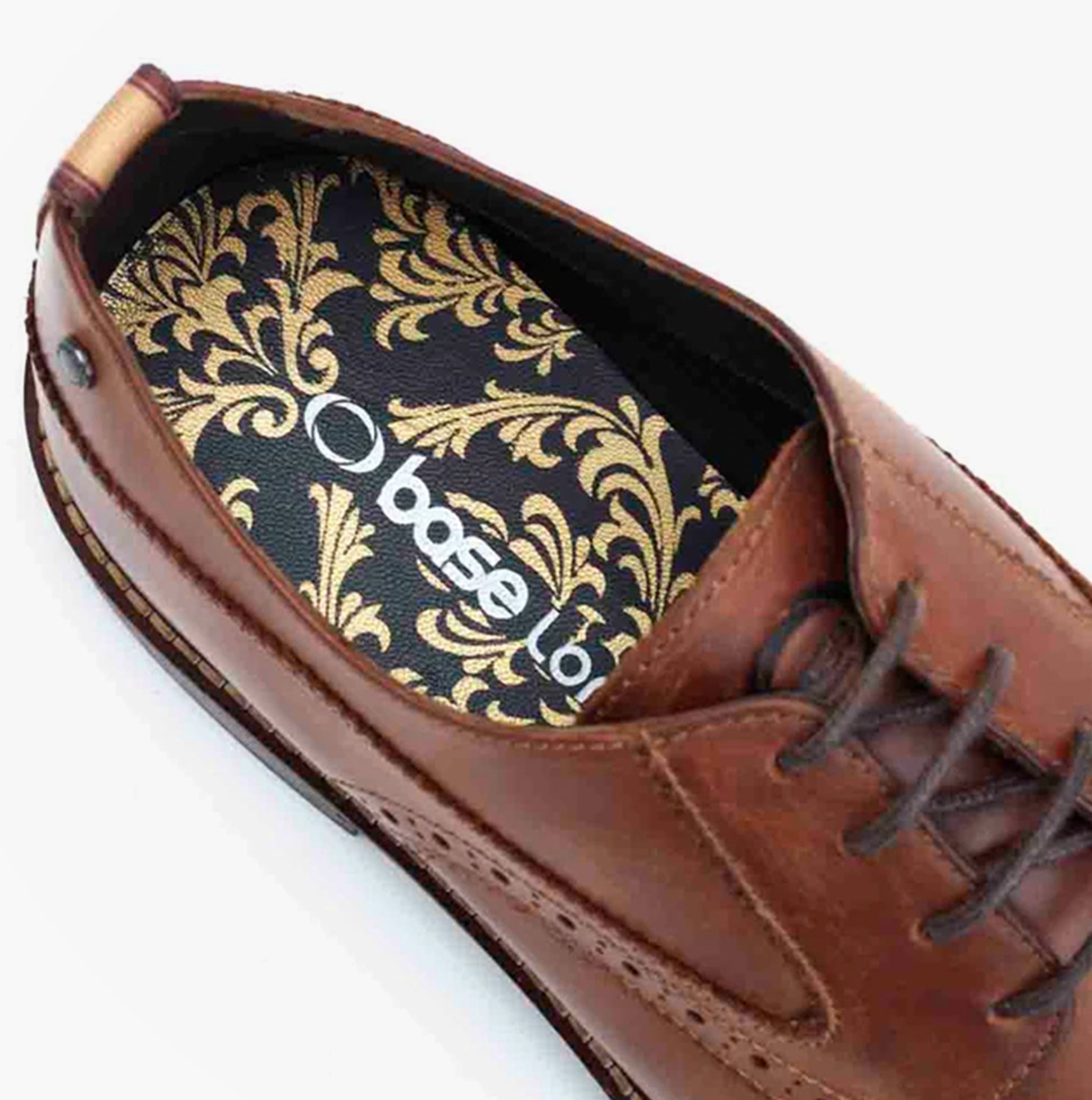 Base London NASHVILLE Mens Shoes Tan detail view showcasing the intricate insole design and rich leather finish.