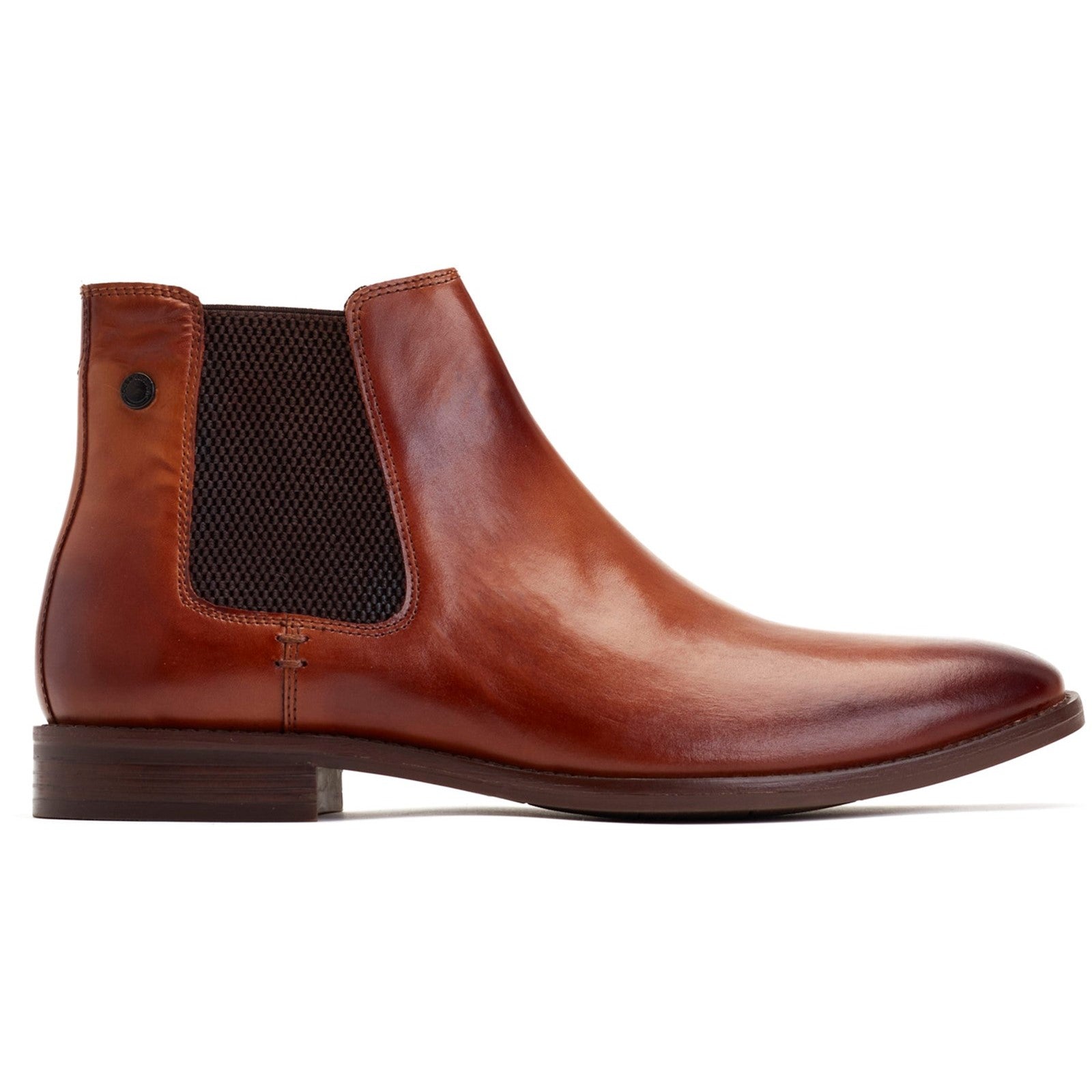 Base London VIRGIL Mens Boots Tan side view showing leather upper and elastic panel, comfortable block heel.