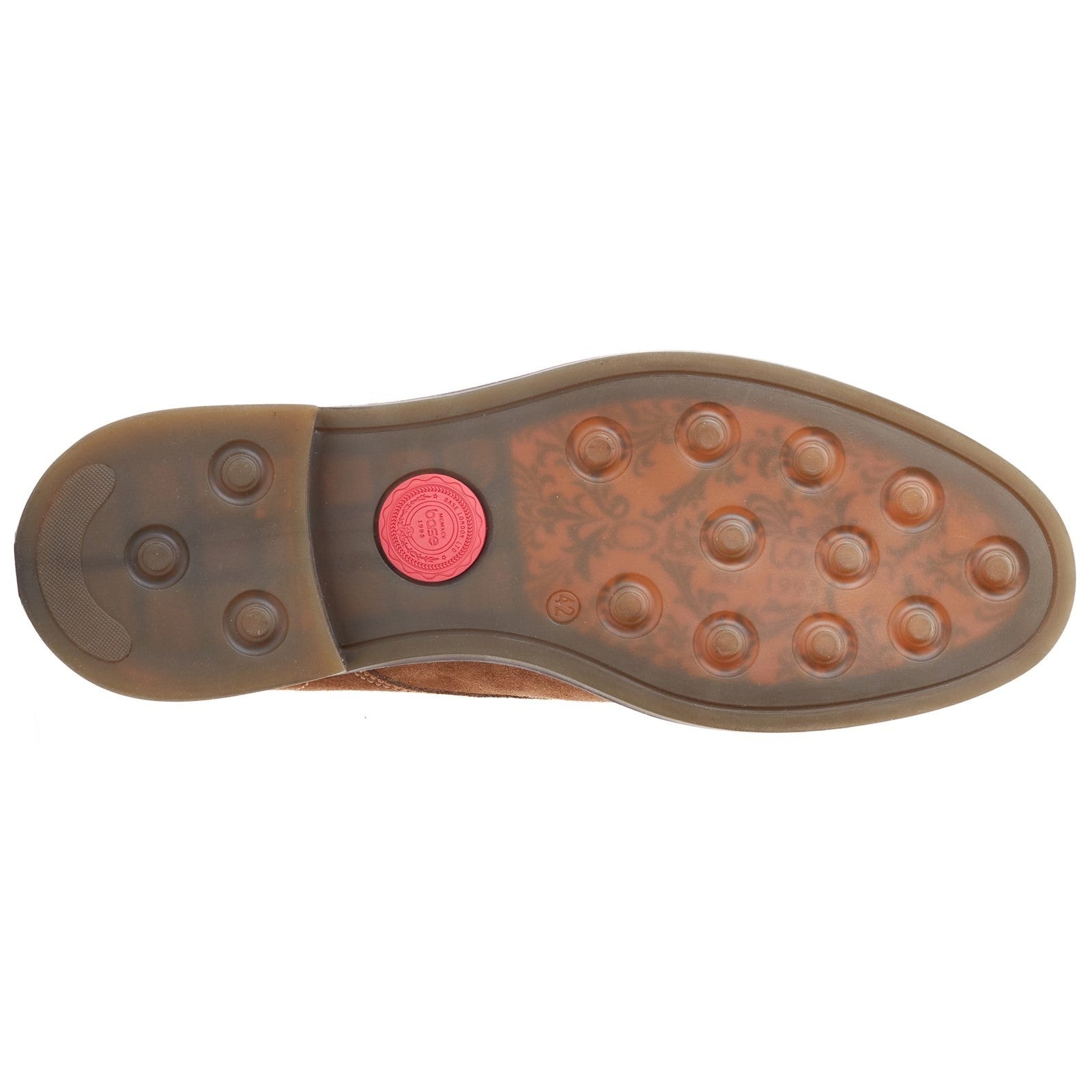 Base London KNEBWORTH Mens Boots Camel sole view showing rubber bottom with circular grip and logo detail.