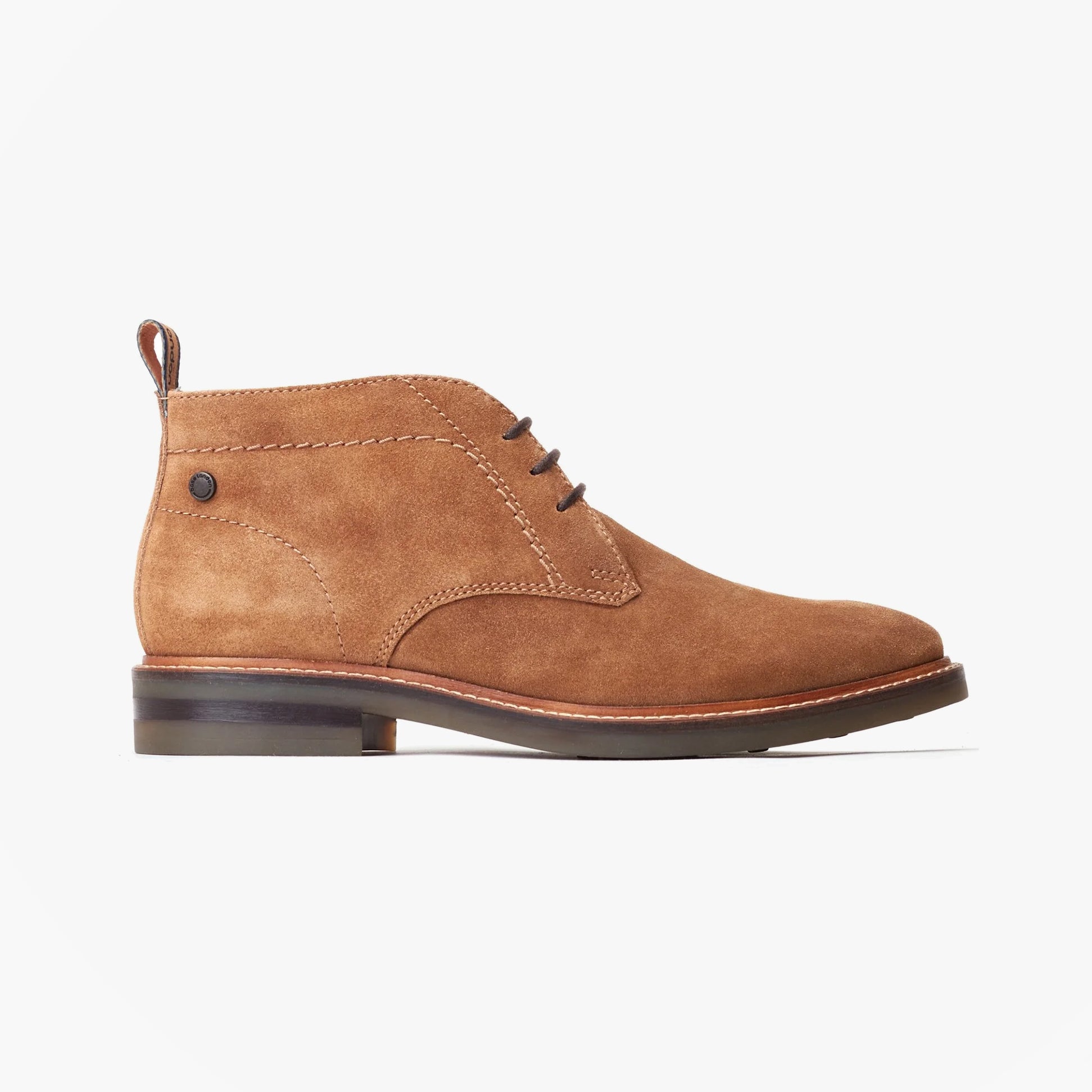 Base London KNEBWORTH Mens Boots Camel side view showing suede chukka boots with lace-up design and round toe.