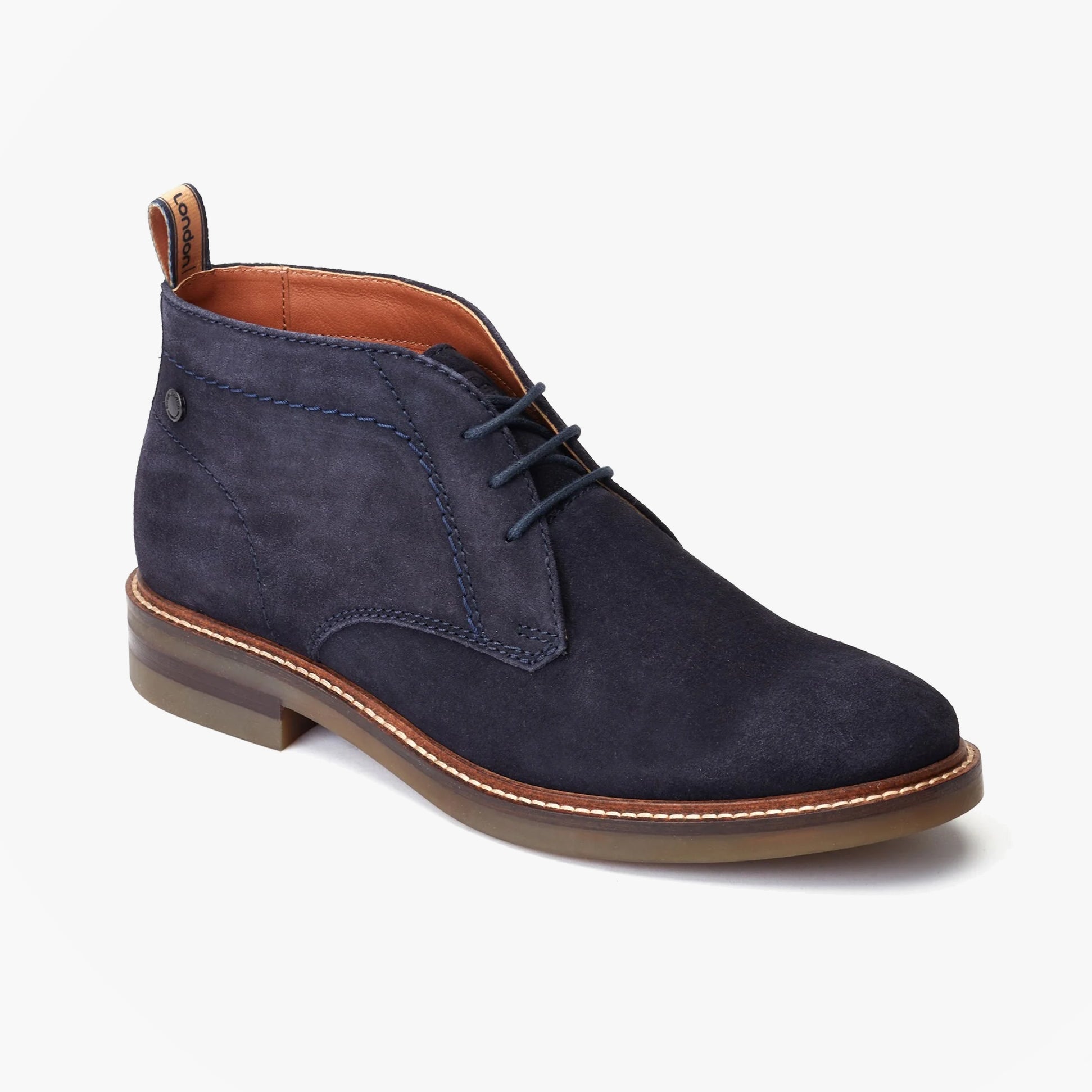 Base London KNEBWORTH Mens Boots Navy side view showcasing suede upper and lace-up style.