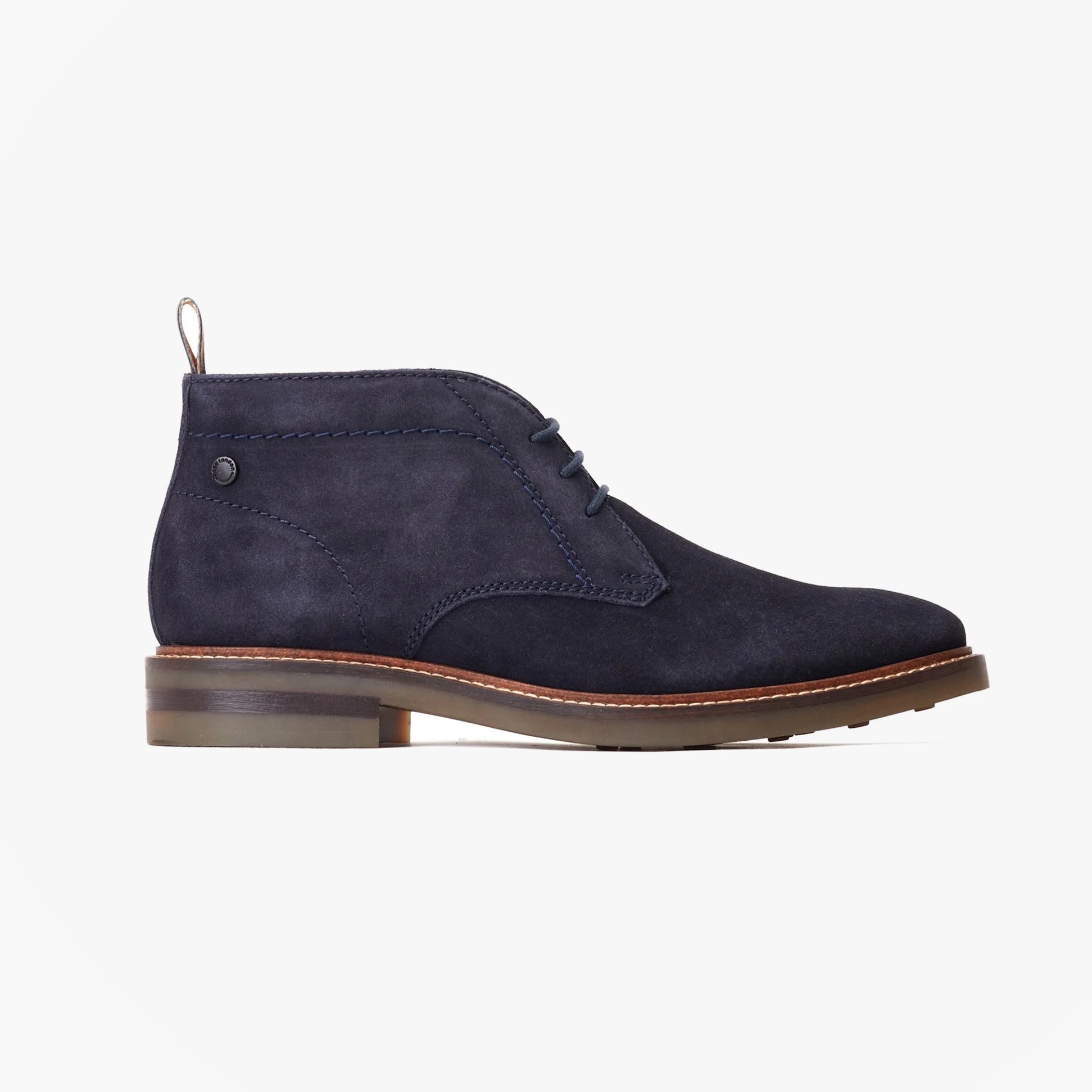Base London KNEBWORTH Mens Boots Navy side view showcasing chukka boot design with lace-up closure and round toe.