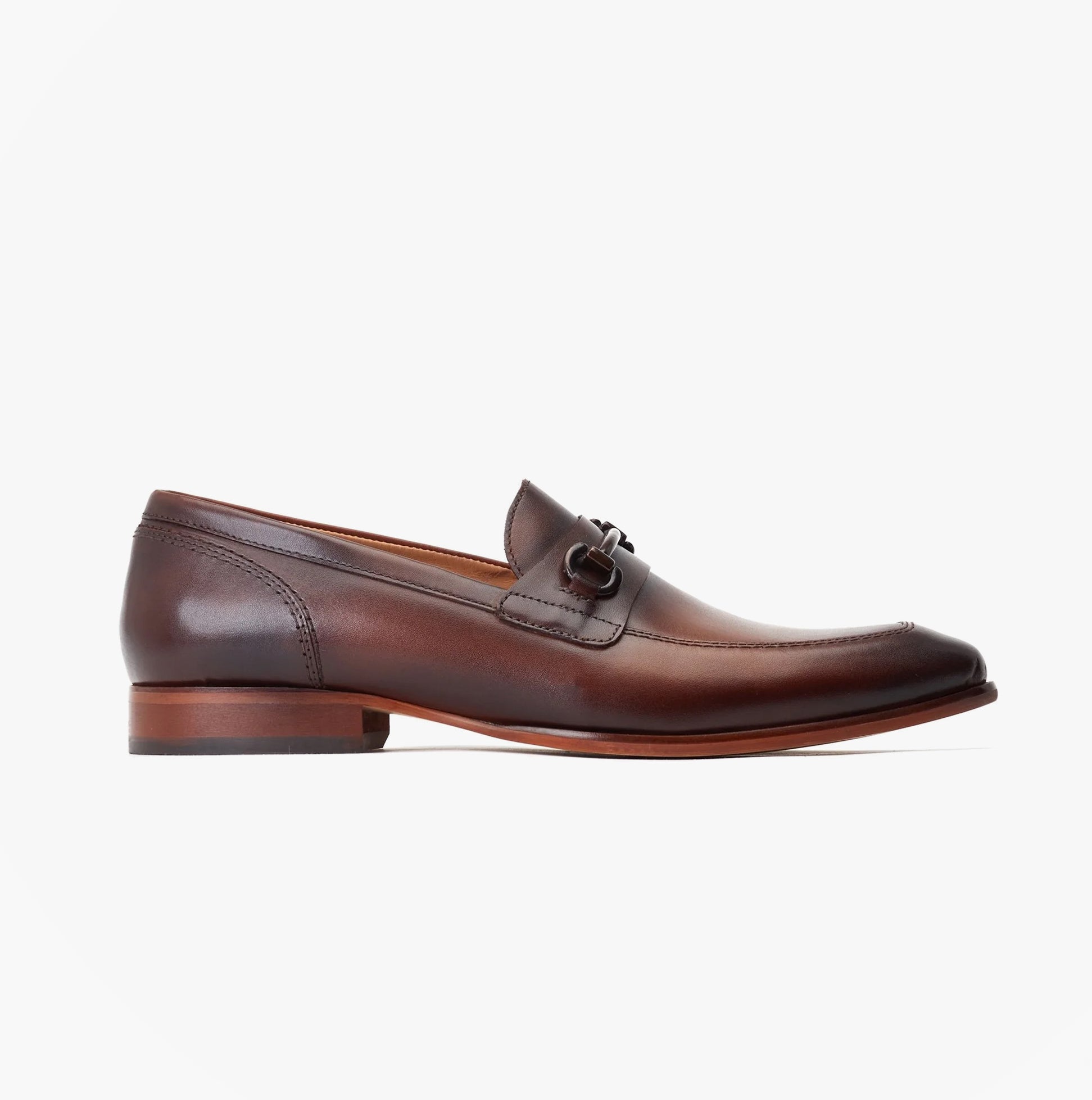Base London RUSSO Mens Shoes Brown side view, leather loafer with almond toe and slip-on design.