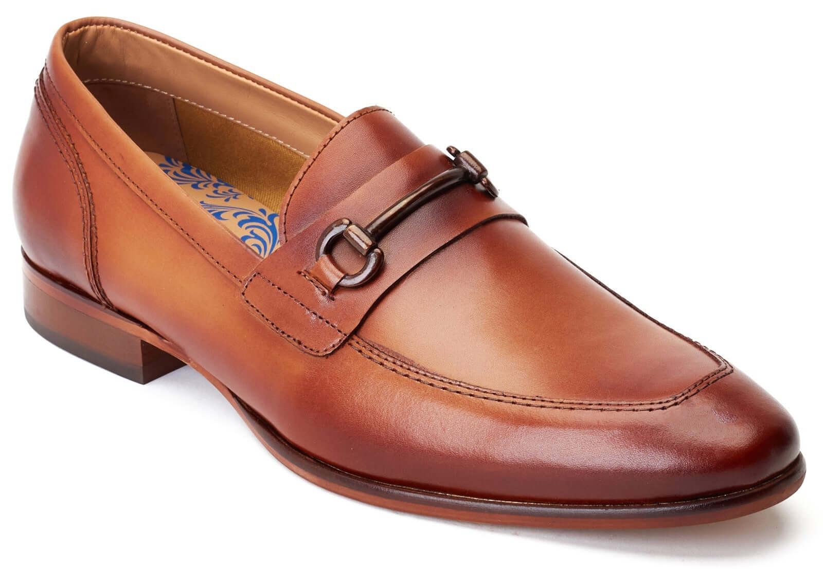 Base London RUSSO Mens Shoes Tan side view of brown leather loafer with decorative strap and low heel.