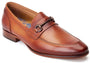 Base London RUSSO Mens Shoes Tan side view of brown leather loafer with decorative strap and low heel.