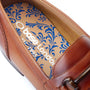 Base London RUSSO Mens Shoes Tan detail view of the inside insole featuring intricate blue design.