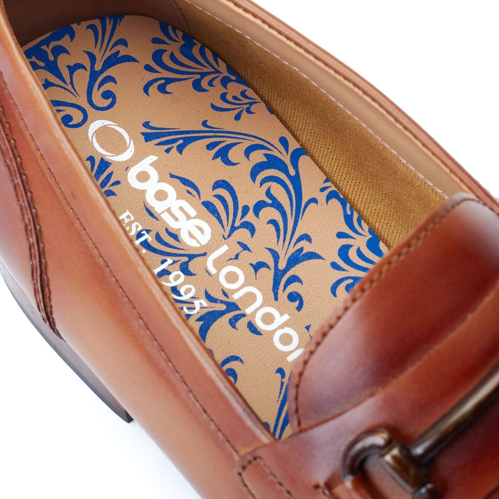 Base London RUSSO Mens Shoes Tan detail view of the inside insole featuring intricate blue design.