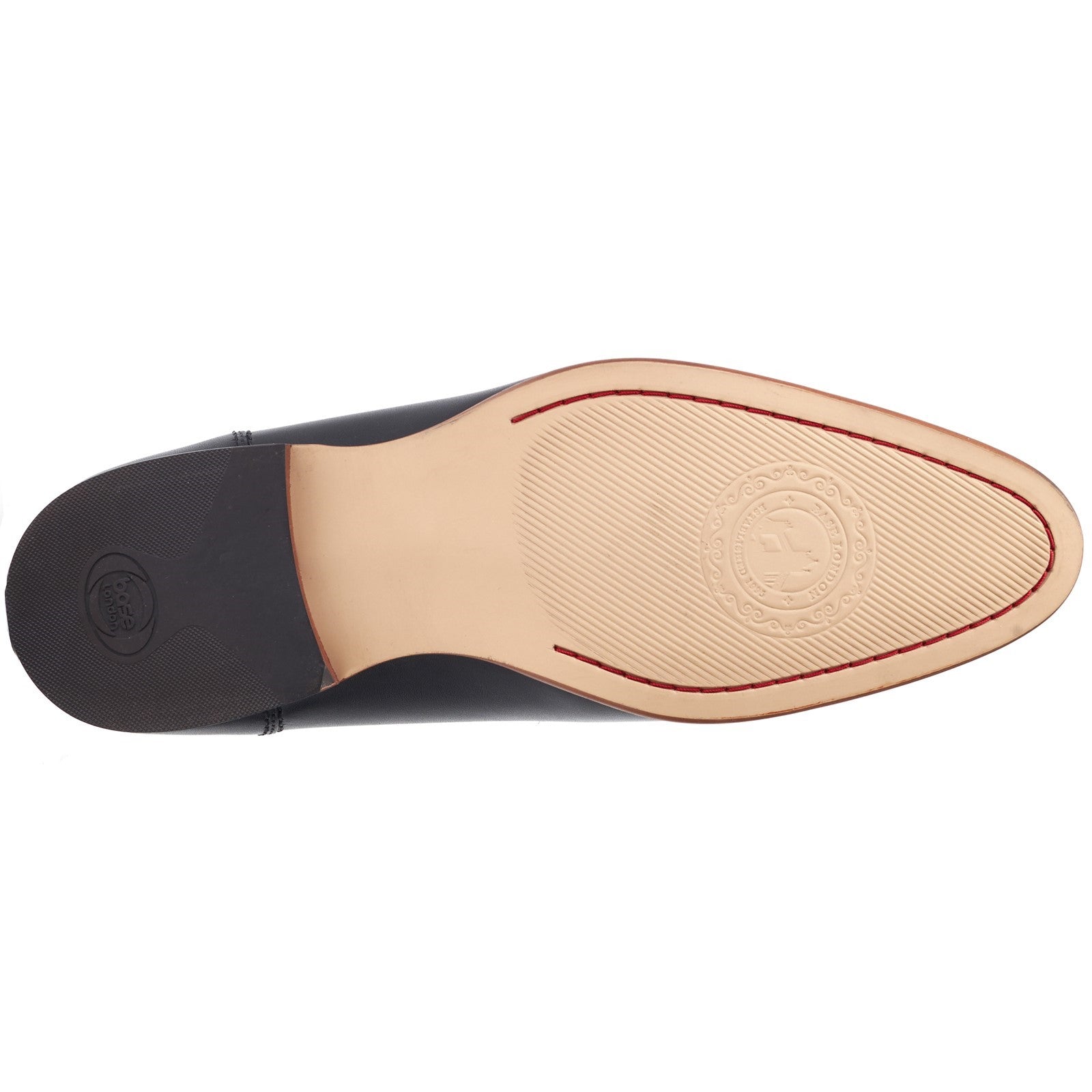 Base London RUSSO Mens Shoes Black bottom view showing rubber sole and brand logo detail.