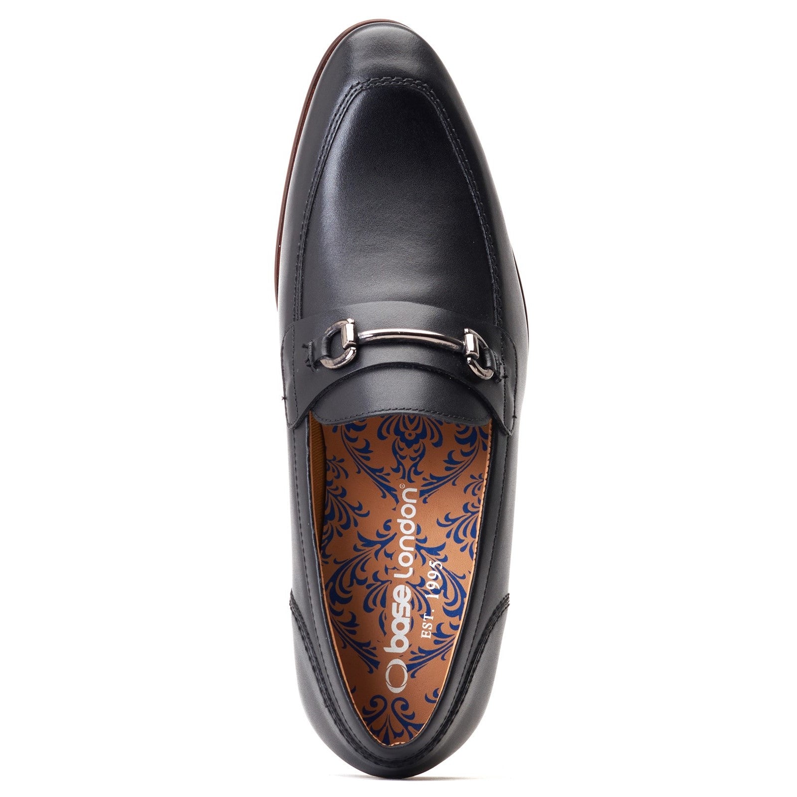 Base London RUSSO Mens Shoes Black top view showing leather upper and detailed insole design.