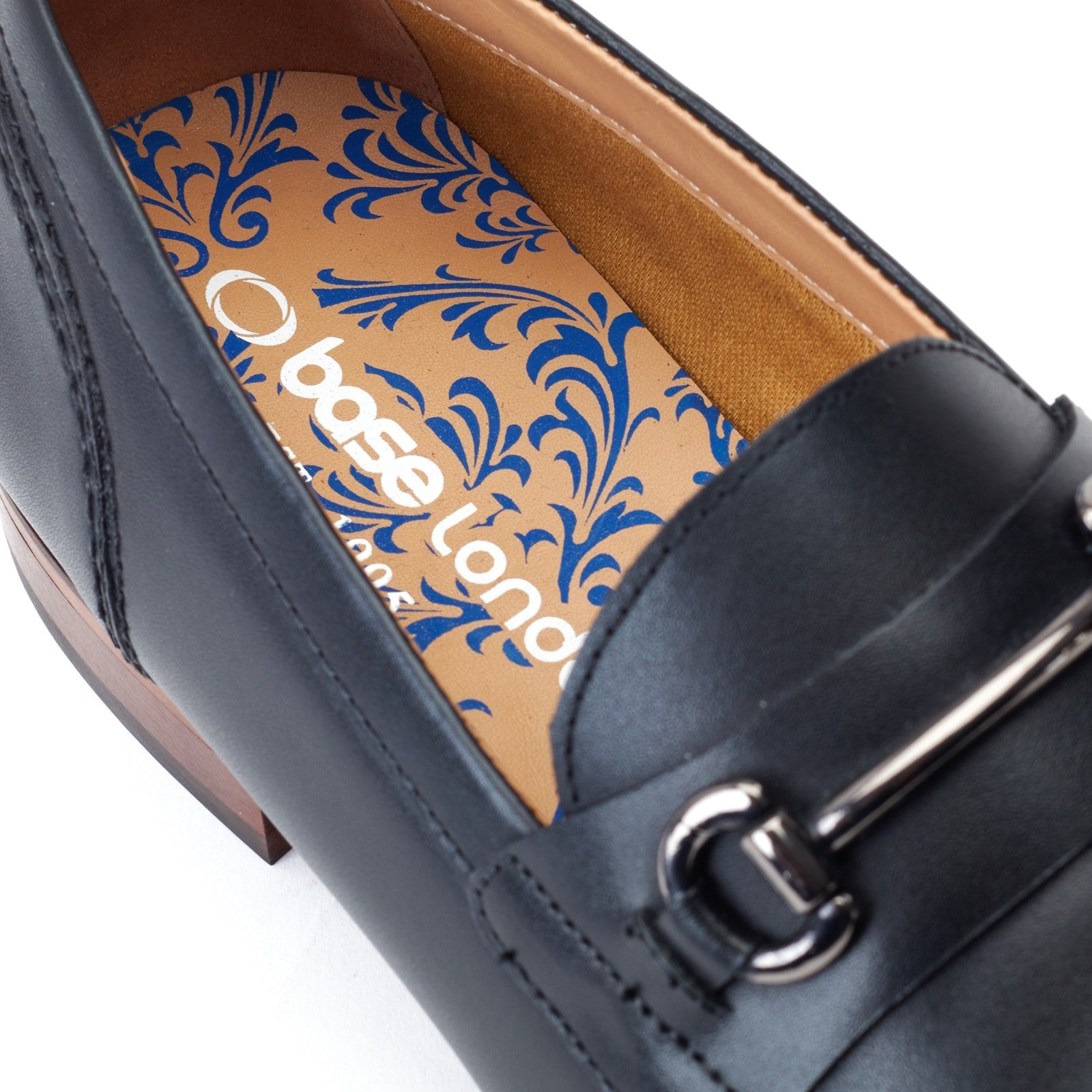 Base London RUSSO Mens Shoes Black detail view showing the inside with patterned lining and sleek leather exterior.