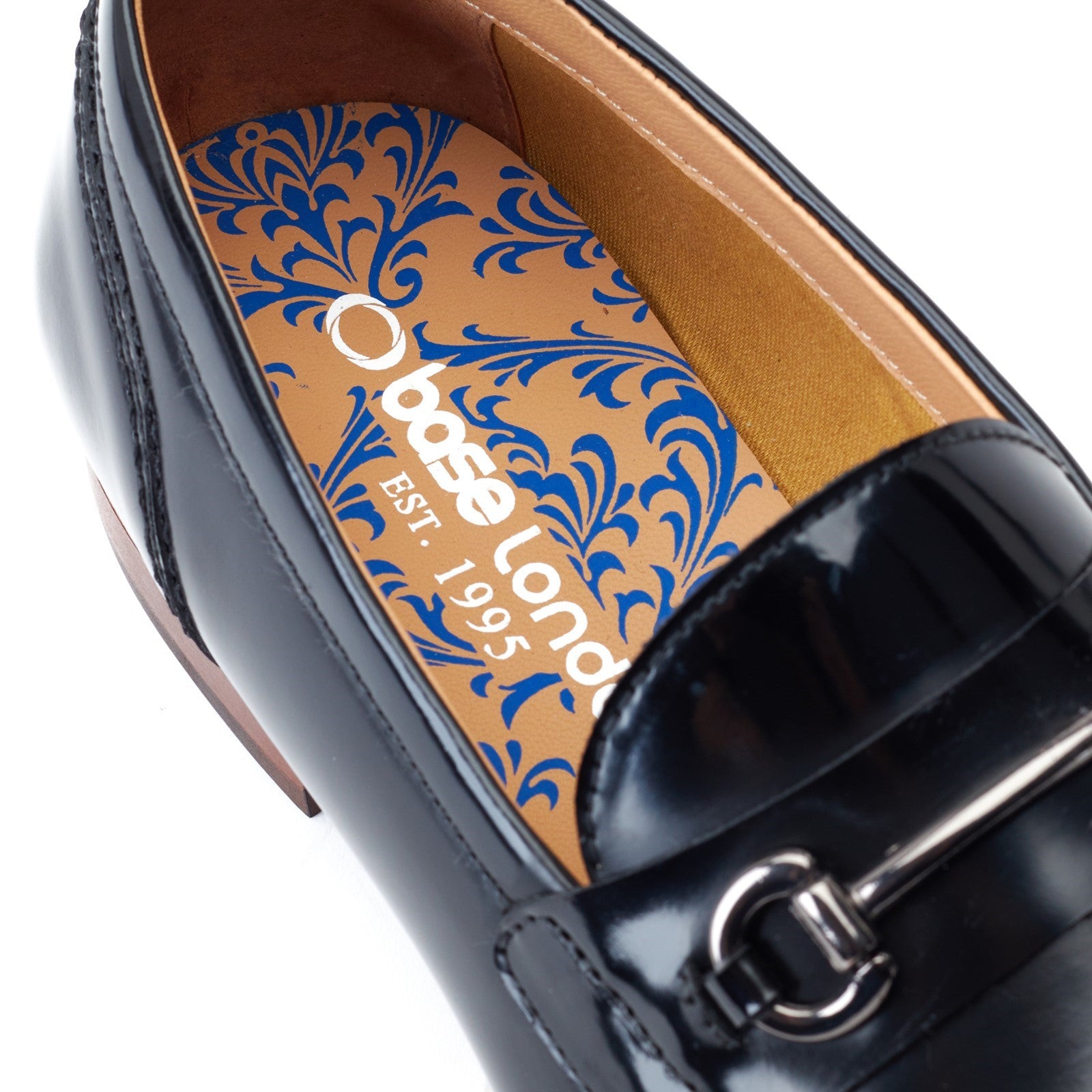 Base London RUSSO Mens Shoes Black detail view showing the inside design and logo on the insole.