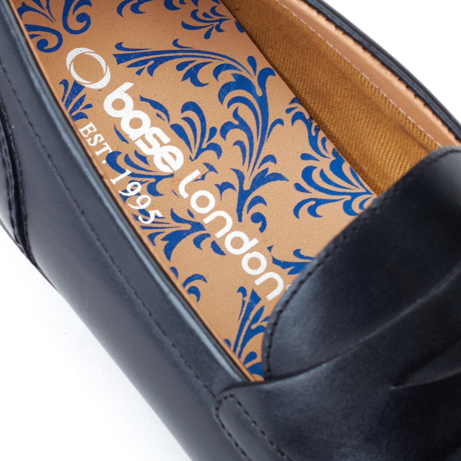Base London BRUNO Mens Shoes Black detail view showing the leather insole design and logo.