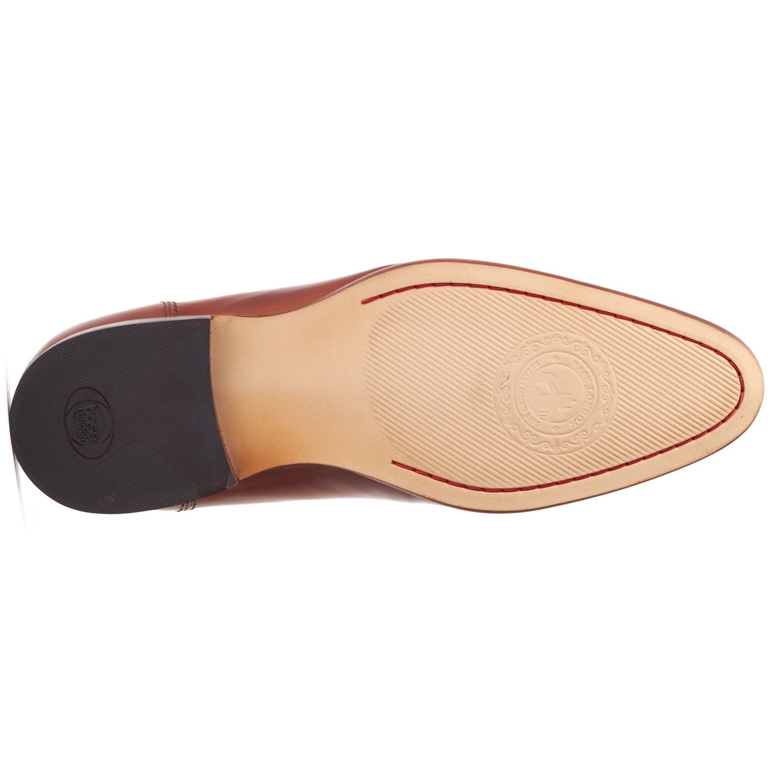Base London BRUNO Mens Shoes Tan sole view showcasing the detailed texture and logo on the bottom of the shoe.