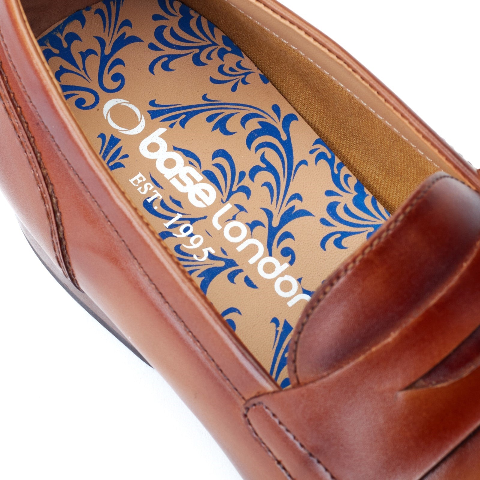 Base London BRUNO Mens Shoes Tan detail view showing leather upper and decorative insole.