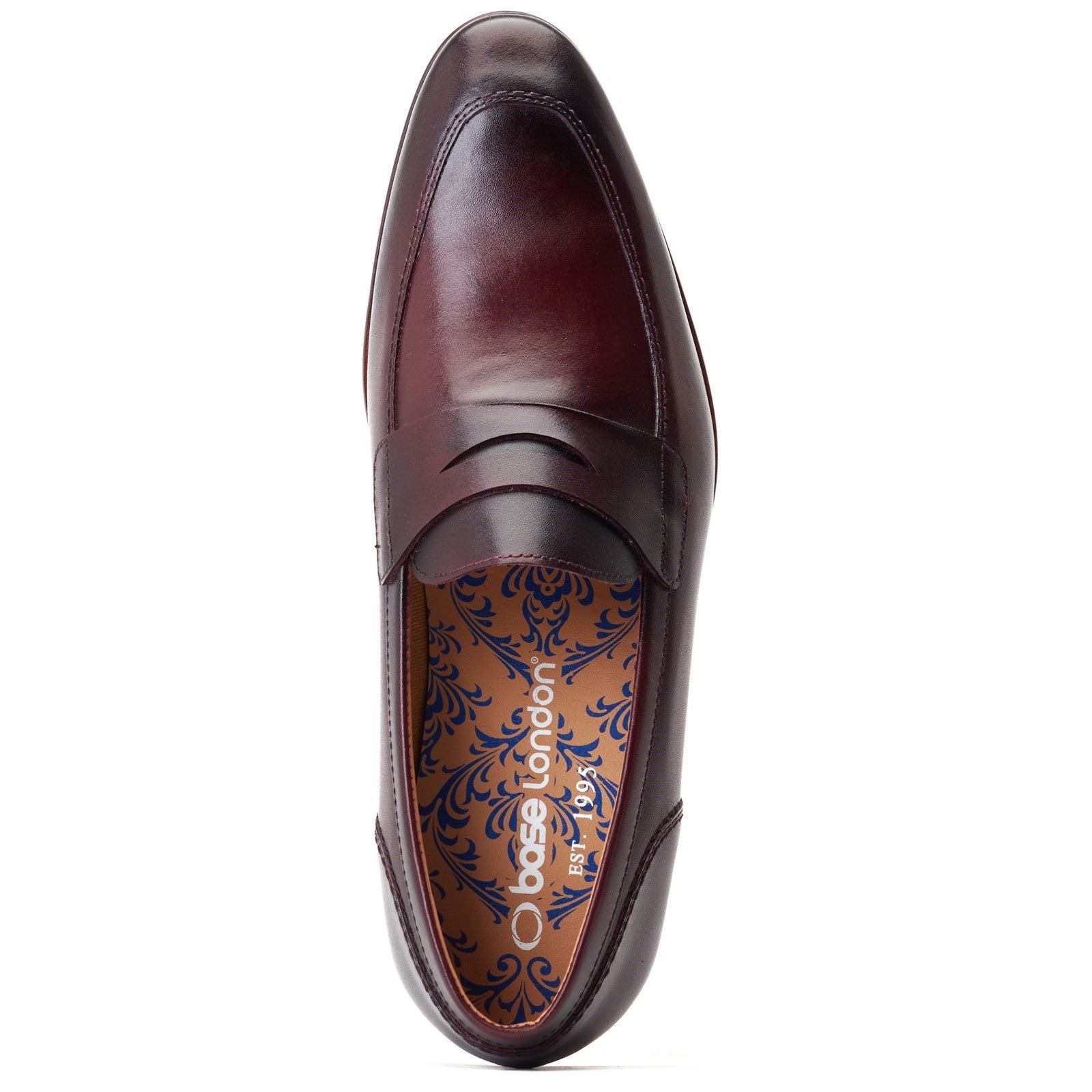 Base London BRUNO Mens Shoes Wine top view showing stylish leather slip-on loafers with an almond toe.