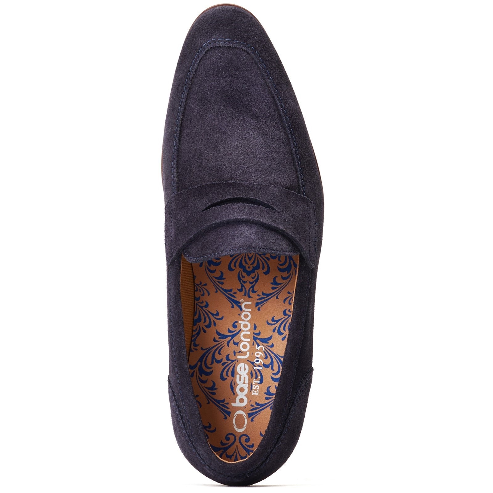 Base London BRUNO Mens Shoes Navy top view showcasing leather loafer design and soft textile lining.