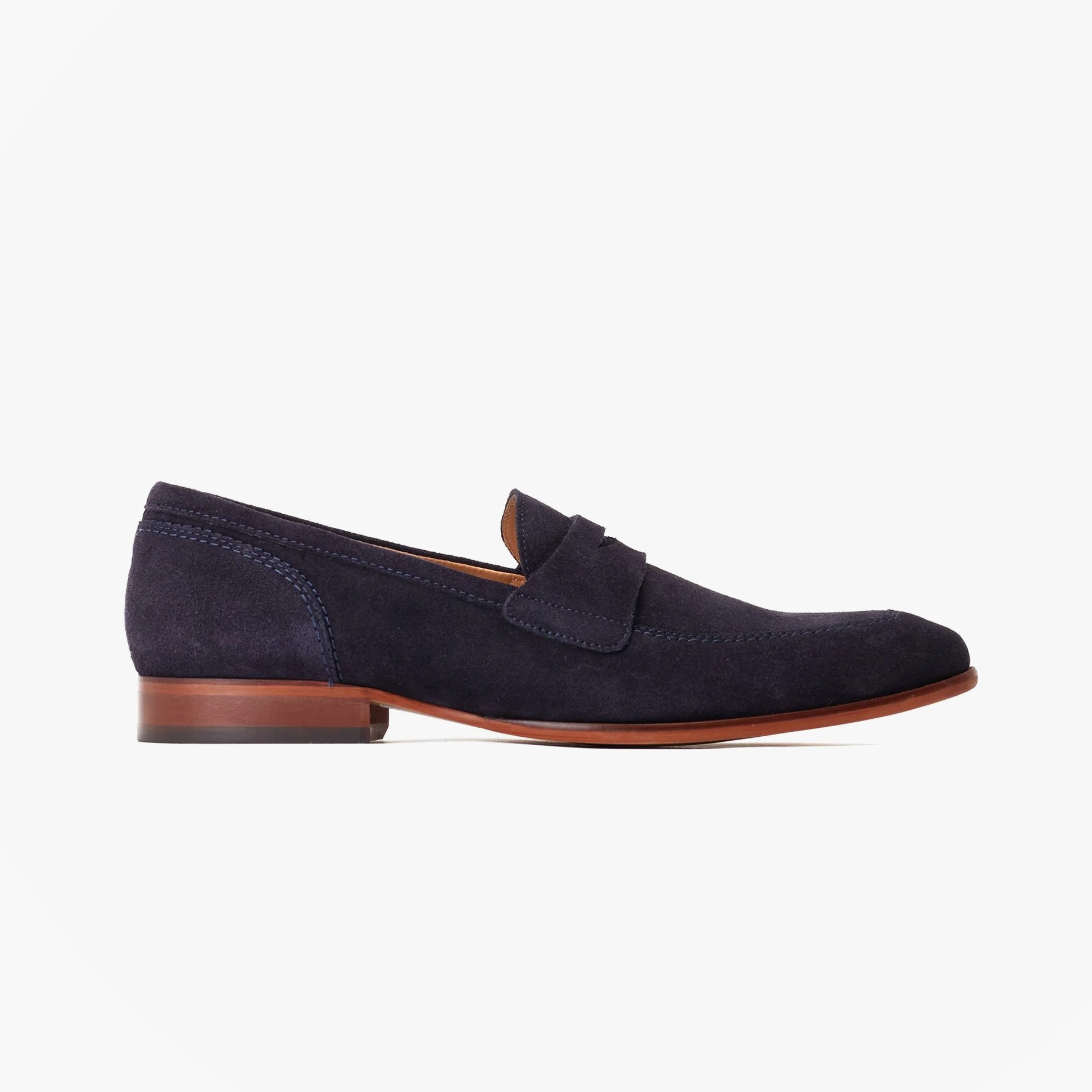 Base London BRUNO Mens Shoes Navy side view, suede loafers with a low heel and slip-on design.