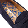 Base London BRUNO Mens Shoes Navy inside view showing the blue patterned insole and soft suede upper material.