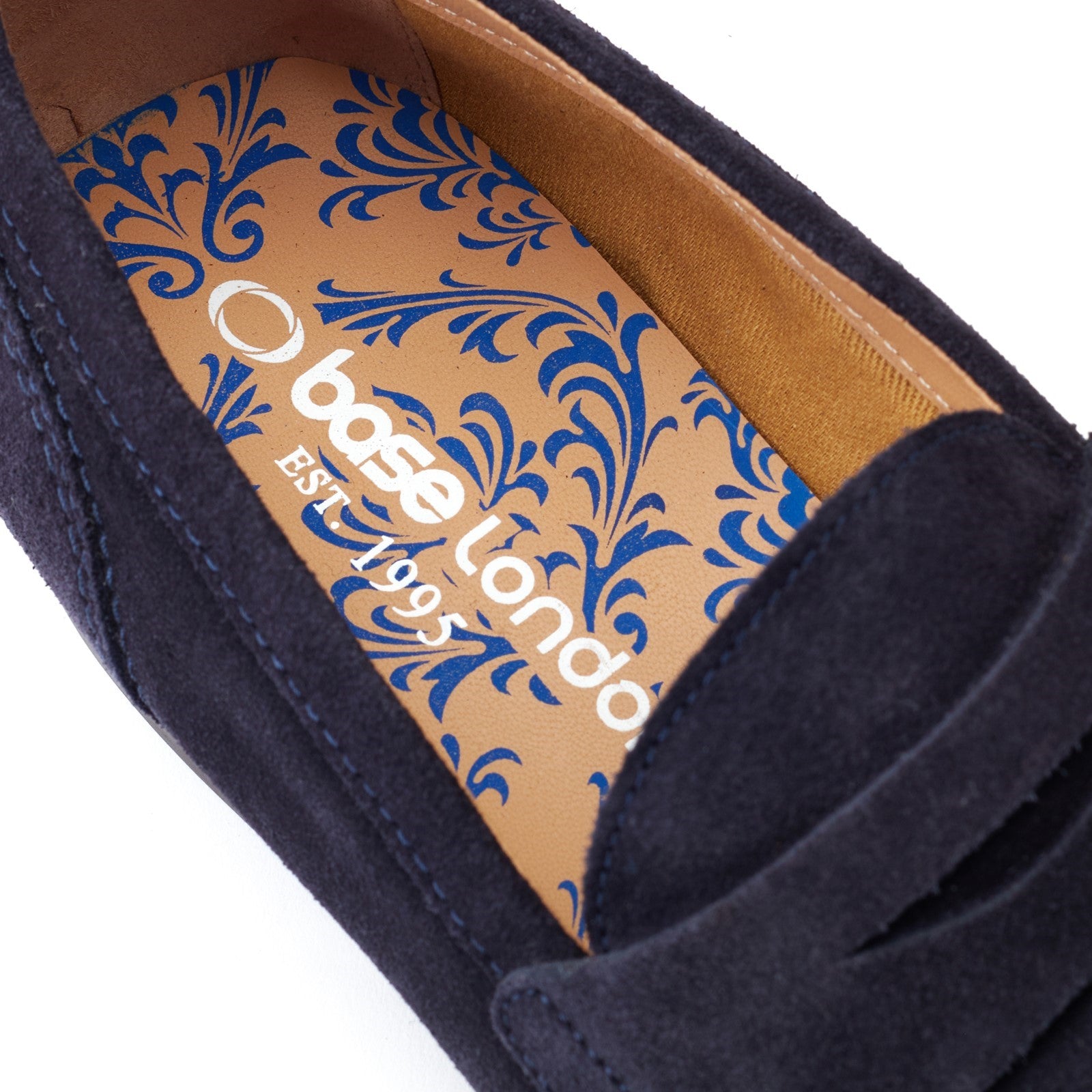 Base London BRUNO Mens Shoes Navy inside view showing the blue patterned insole and soft suede upper material.