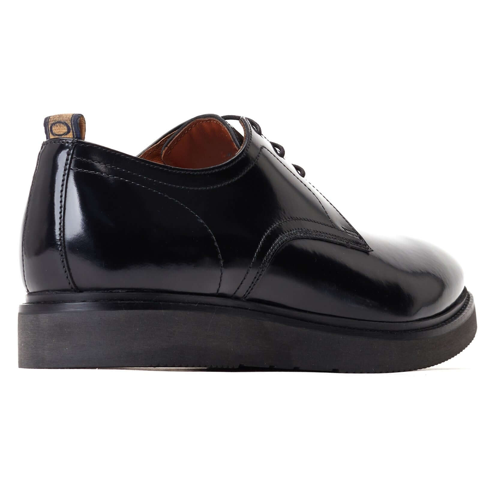 Base London ROLY Mens Shoes Black side view with shiny leather upper and low top design.