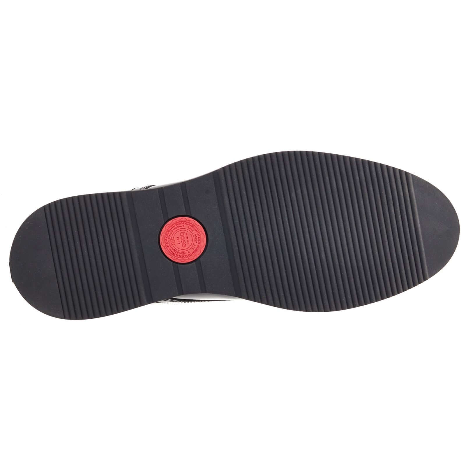 Base London ROLY Mens Shoes Black bottom view with rubber sole and red logo detailing.
