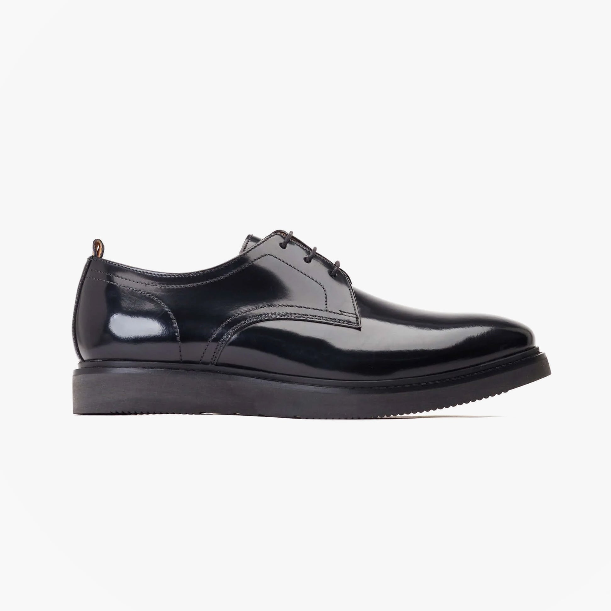 Base London ROLY Mens Shoes Black side view featuring glossy leather finish and lace-up design.