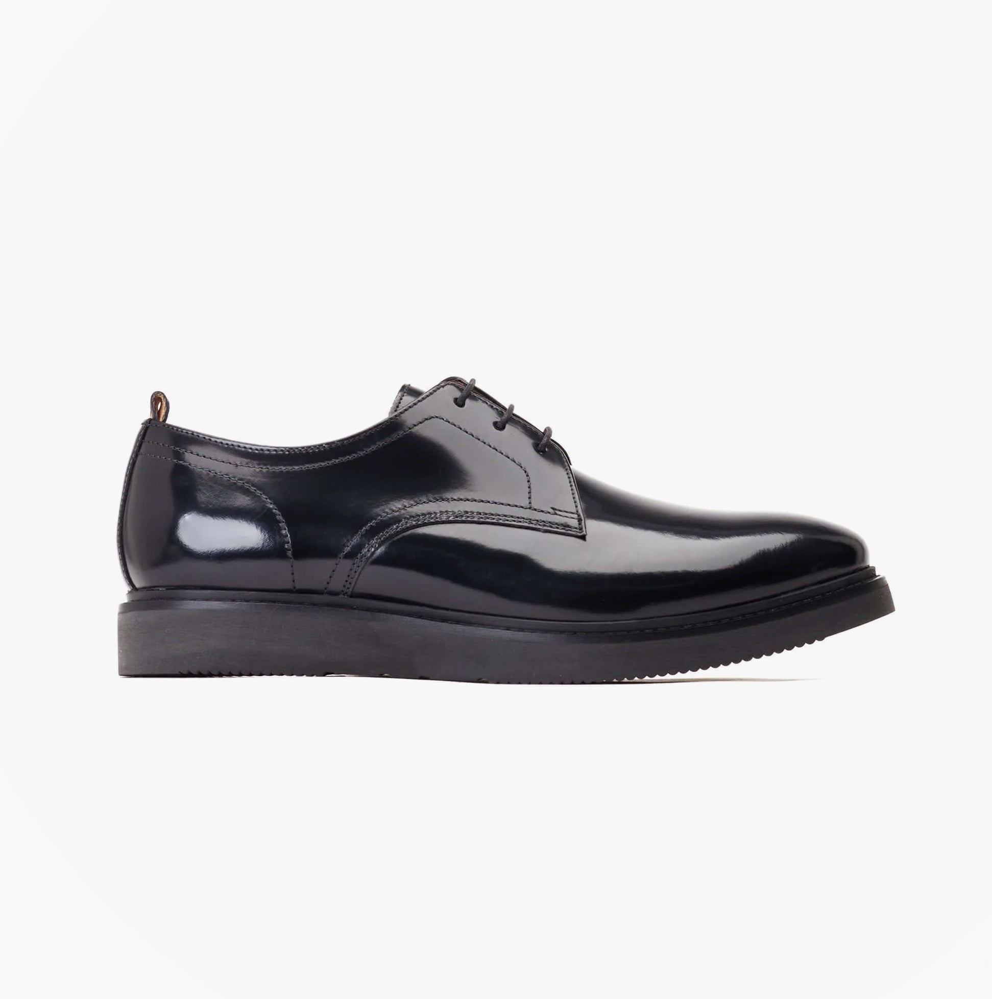Base London ROLY Mens Shoes Black side view featuring glossy leather finish and lace-up design.