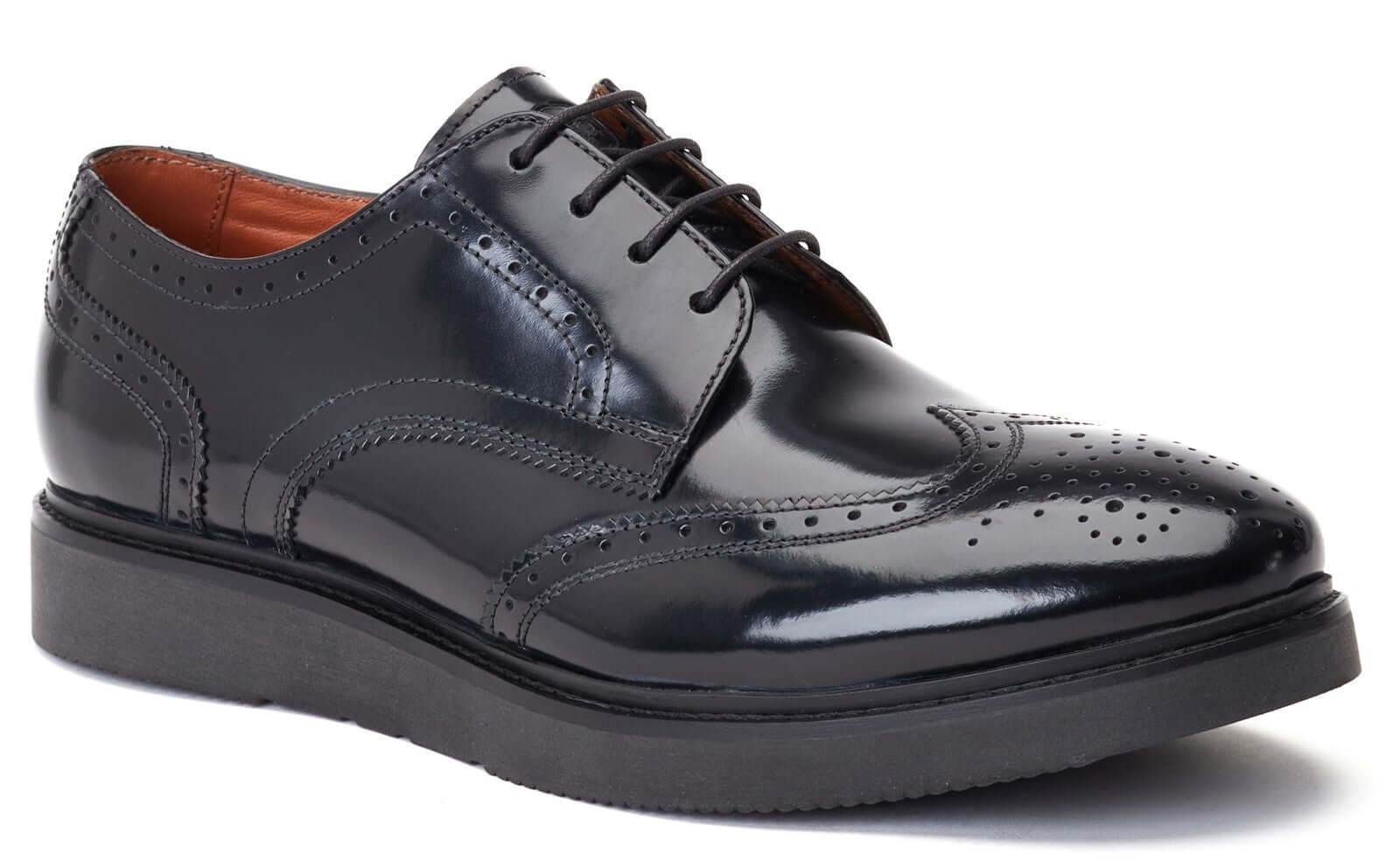Base London JOE Mens Shoes Black side view, leather derby shoes with lace-up closure and almond toe shape.