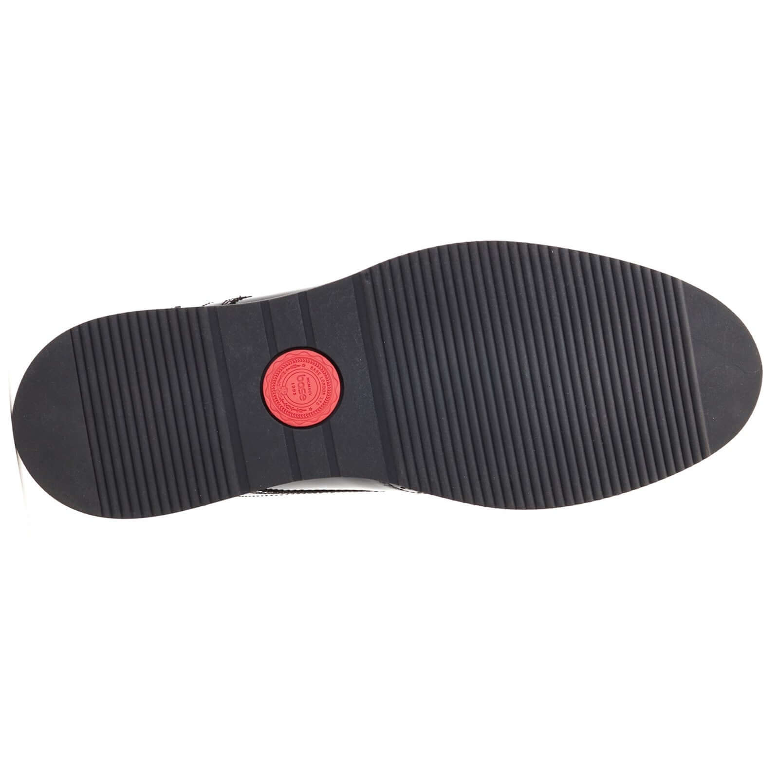 Base London JOE Mens Shoes Black bottom view showing rubber sole and red logo detail.