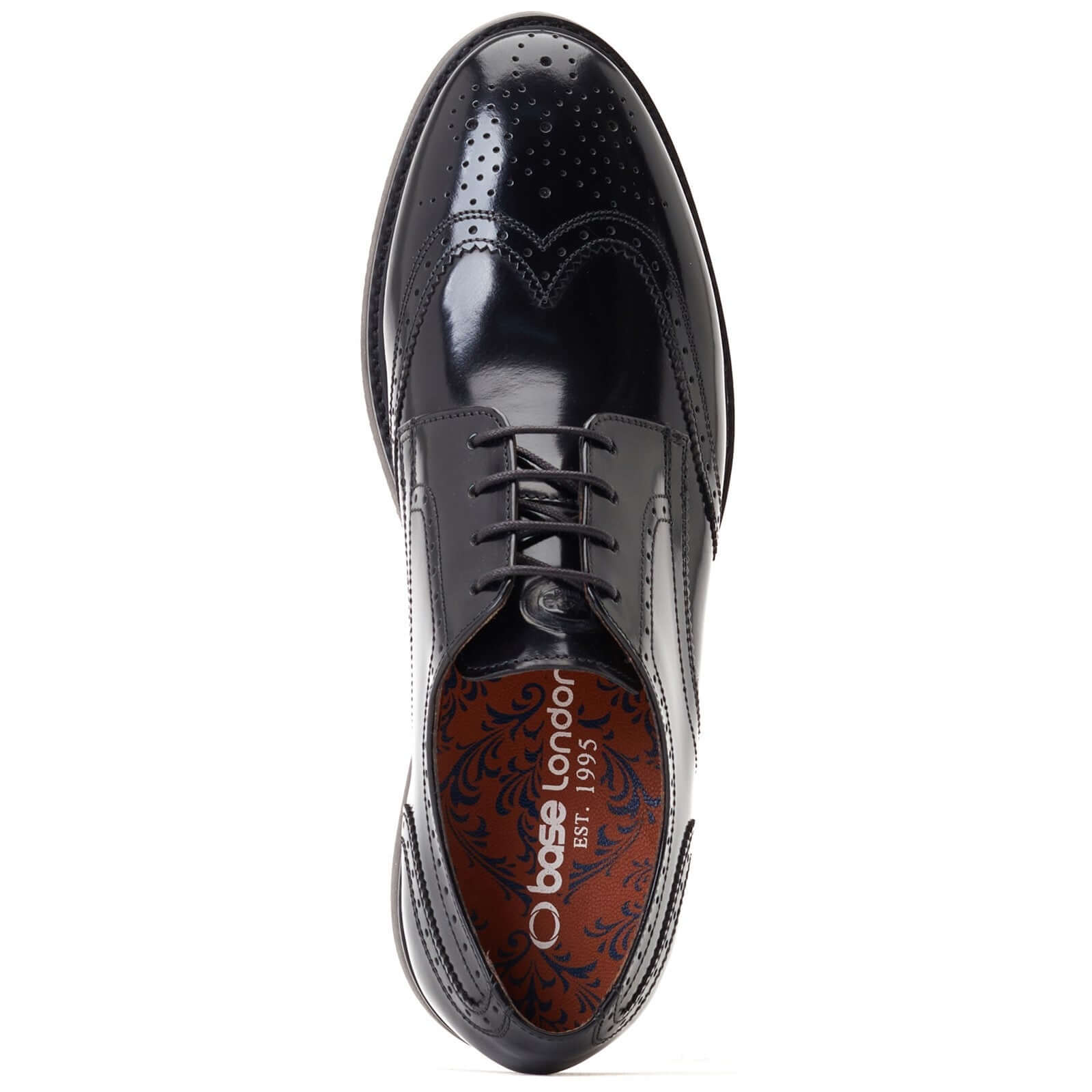 Base London JOE Mens Shoes Black top view showcasing polished leather and detailed perforation.