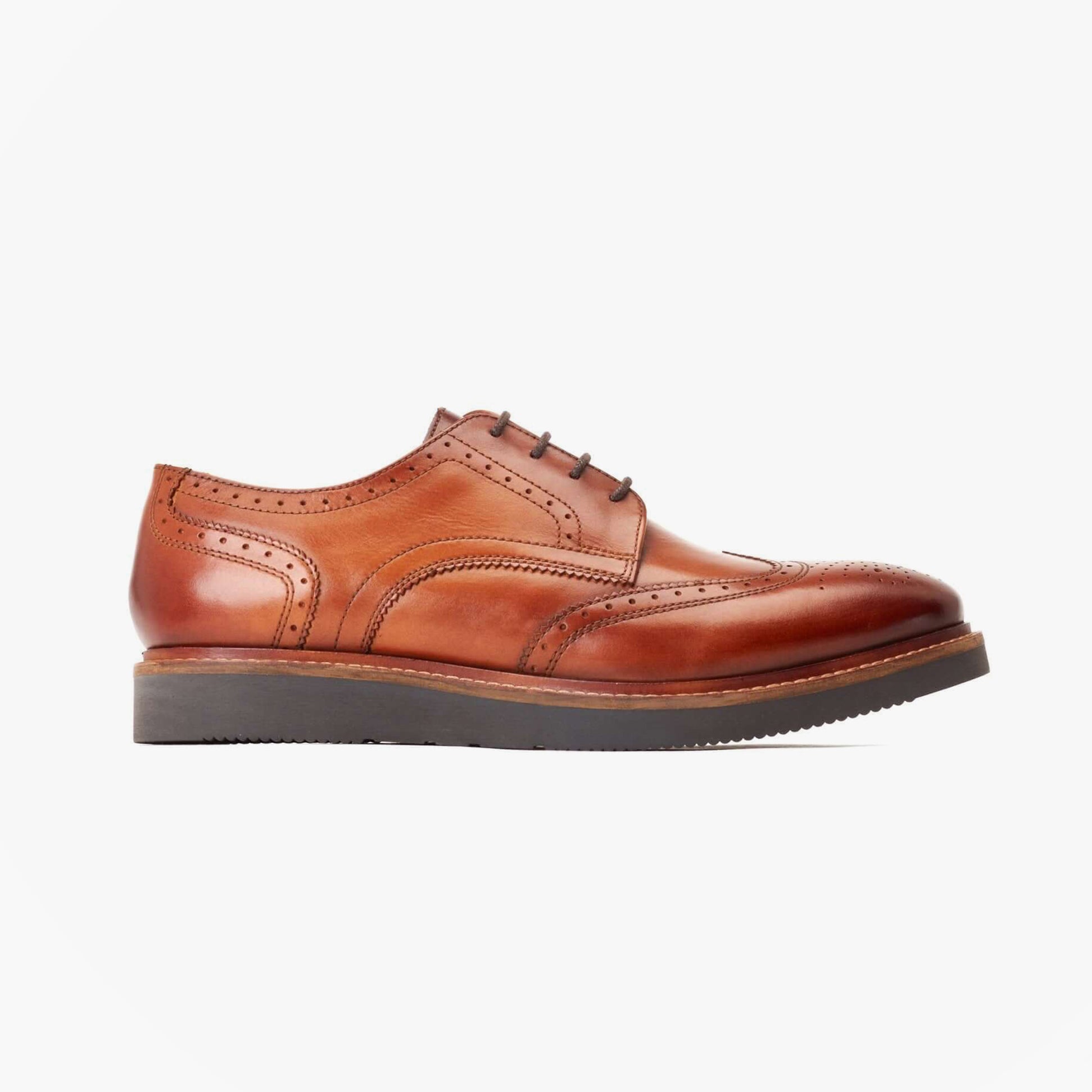 Base London JOE Mens Shoes Tan side view showcasing leather derby shoes with lace-up closure.
