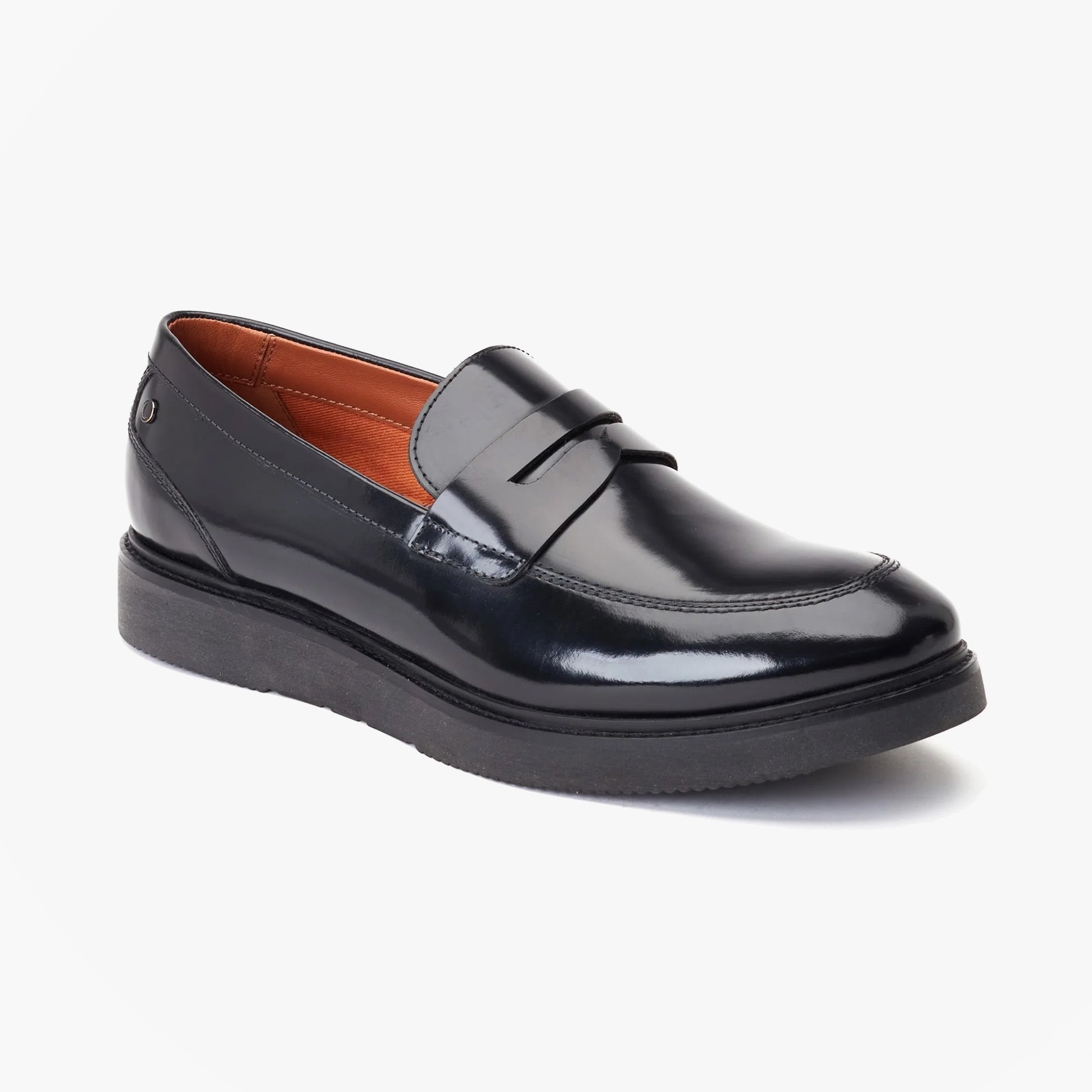 Base London SID Mens Shoes Black in a side view, leather upper, slip-on loafer style with almond toe shape.