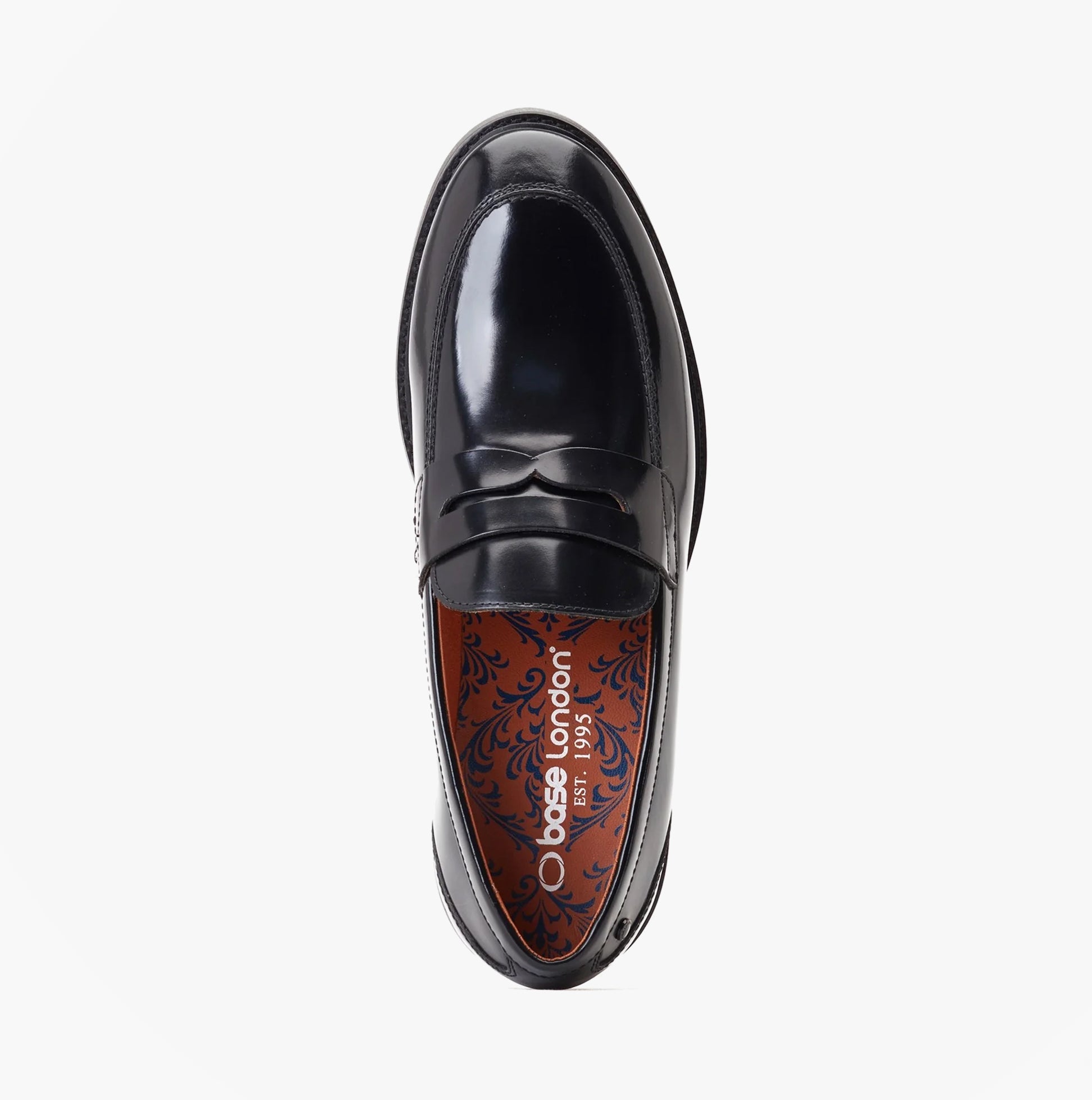 Base London SID Mens Shoes Black top view showcasing the leather loafer design and comfortable lining.