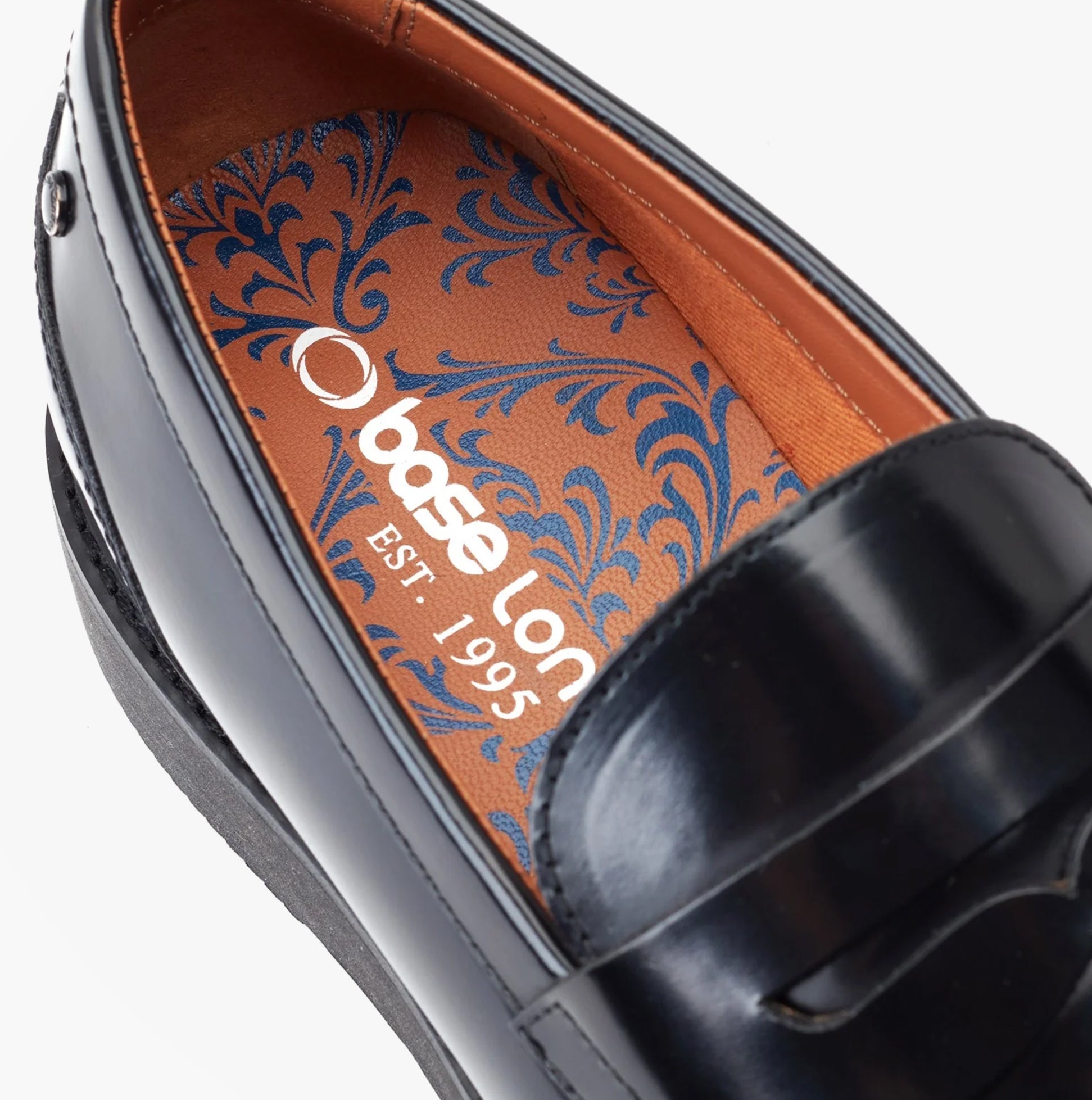 Base London SID Mens Shoes Black detail view of the interior with logo and design, showcasing luxurious leather finish