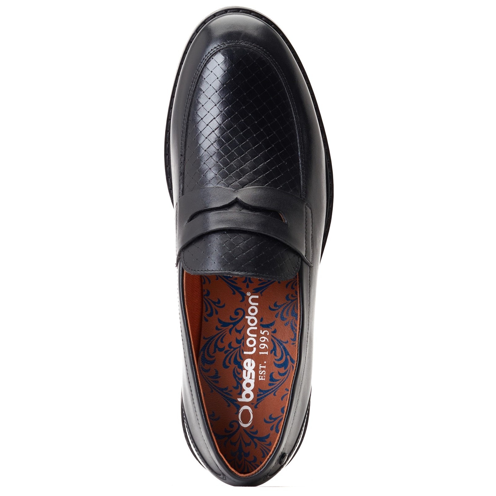 Base London SID Mens Shoes Black top view showing the stylish design and texture of the leather upper with slip-on feature.
