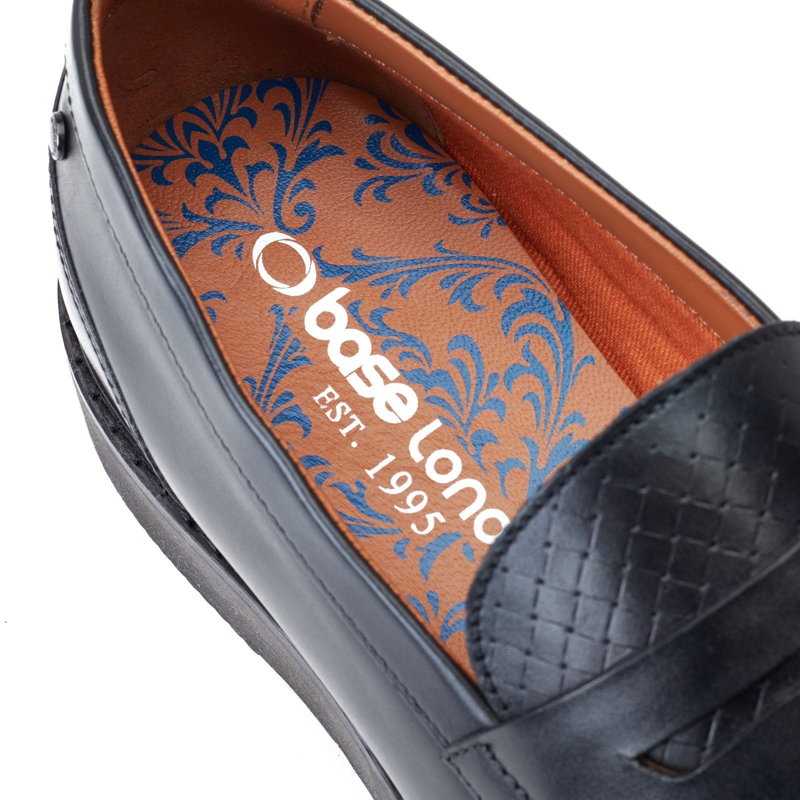 Base London SID Mens Shoes Black top view showing stylish leather interior detail.