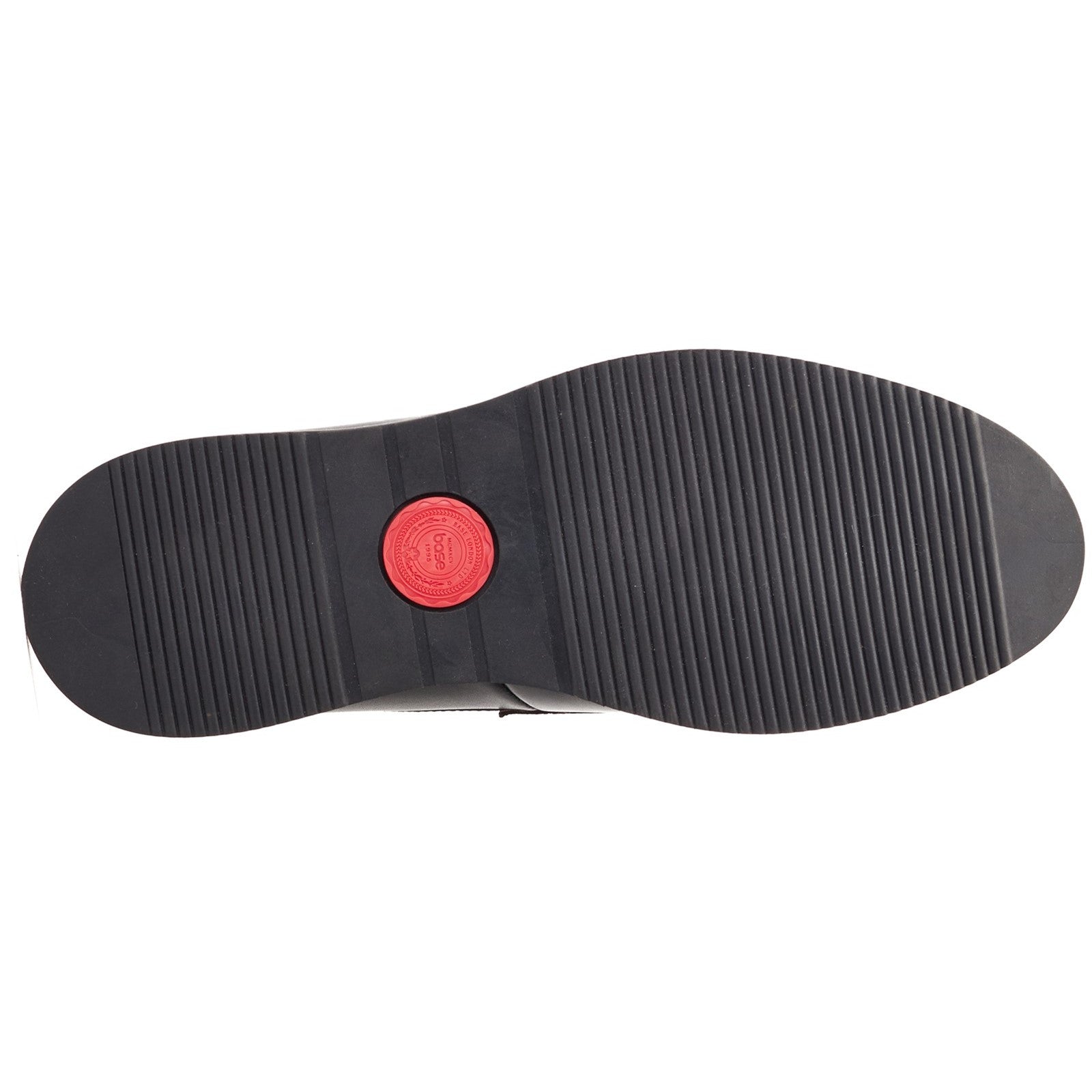 Base London SID Mens Shoes Black sole view with textured rubber bottom and red accent.