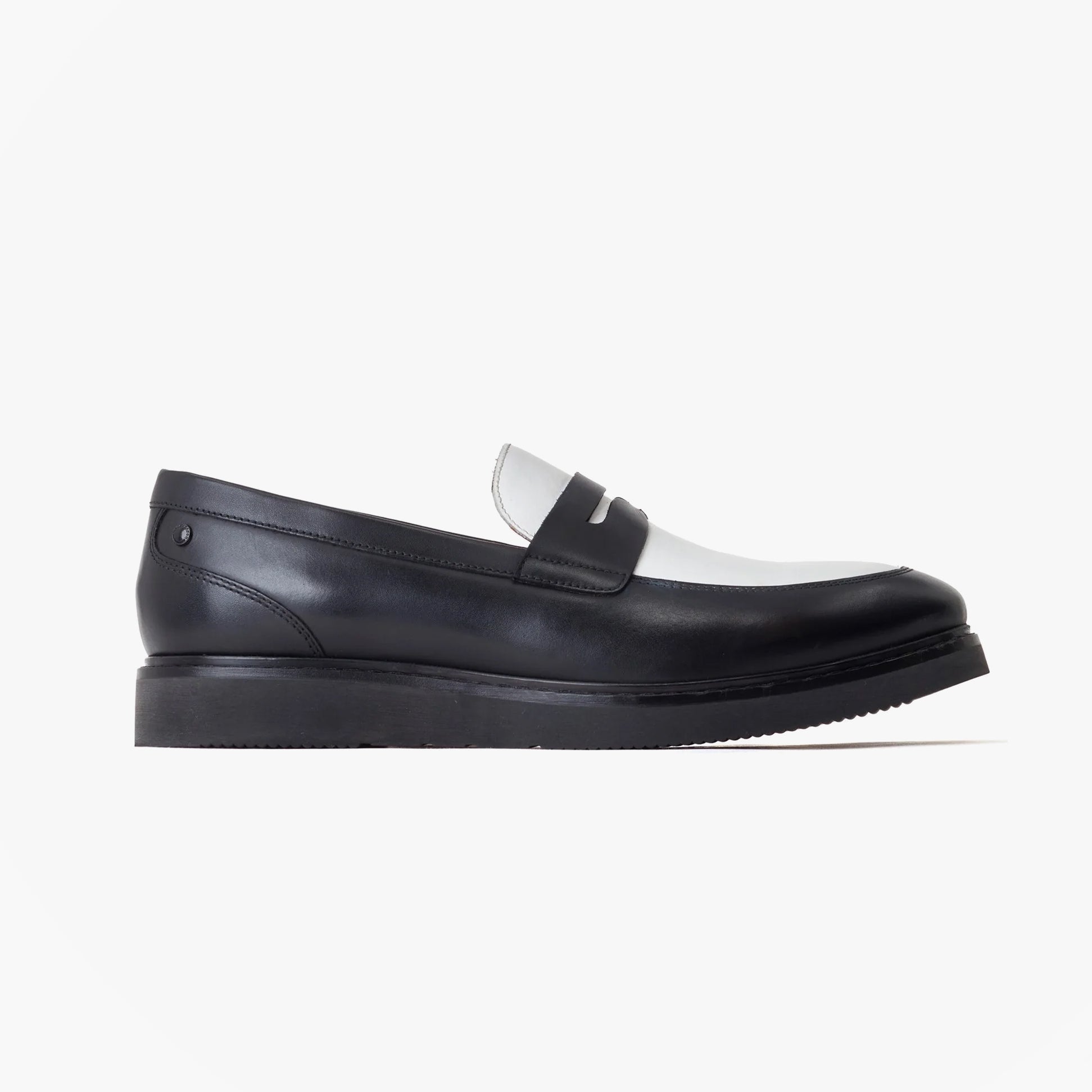 Base London SID Mens Shoes Black side view of black leather loafers with white detail.