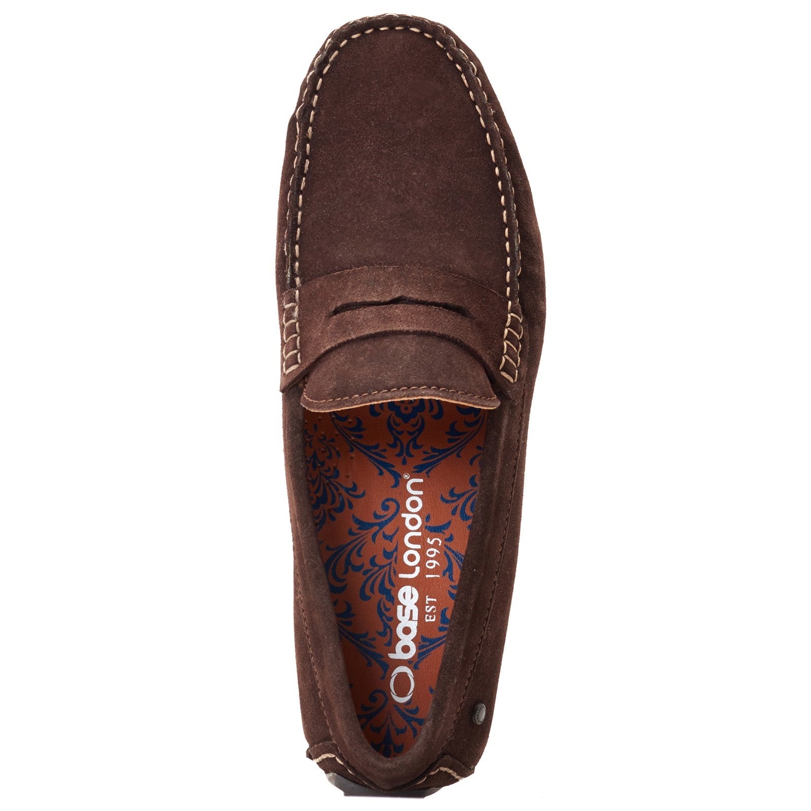Base London COLLINS Mens Shoes Brown top view showing brown suede loafer with round toe and slip-on design.