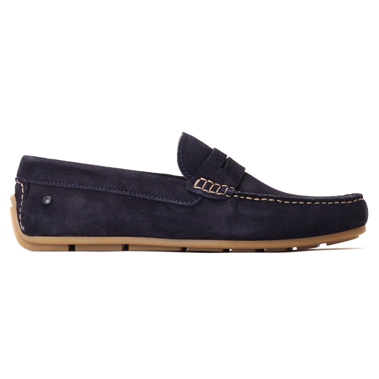 Base London COLLINS Mens Shoes Navy side view, leather and suede loafer, round toe, slip-on comfort design.