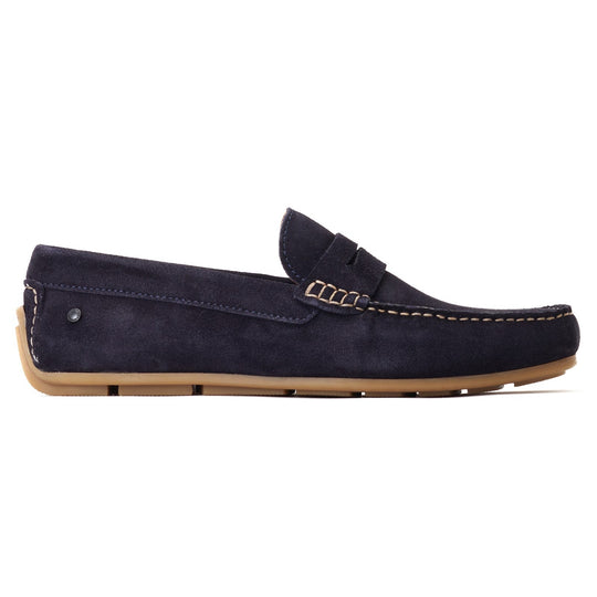 Base London COLLINS Mens Shoes Navy side view, leather and suede loafer, round toe, slip-on comfort design.