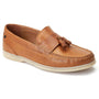 Base London BONITO Mens Shoes Tan side view, leather loafers with tassels, flat rubber sole.