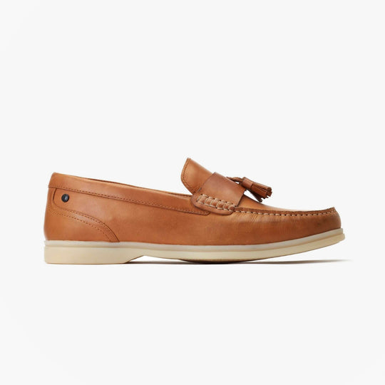 Base London BONITO Mens Shoes Tan side view loafers in leather with slip-on design and tassel detail.