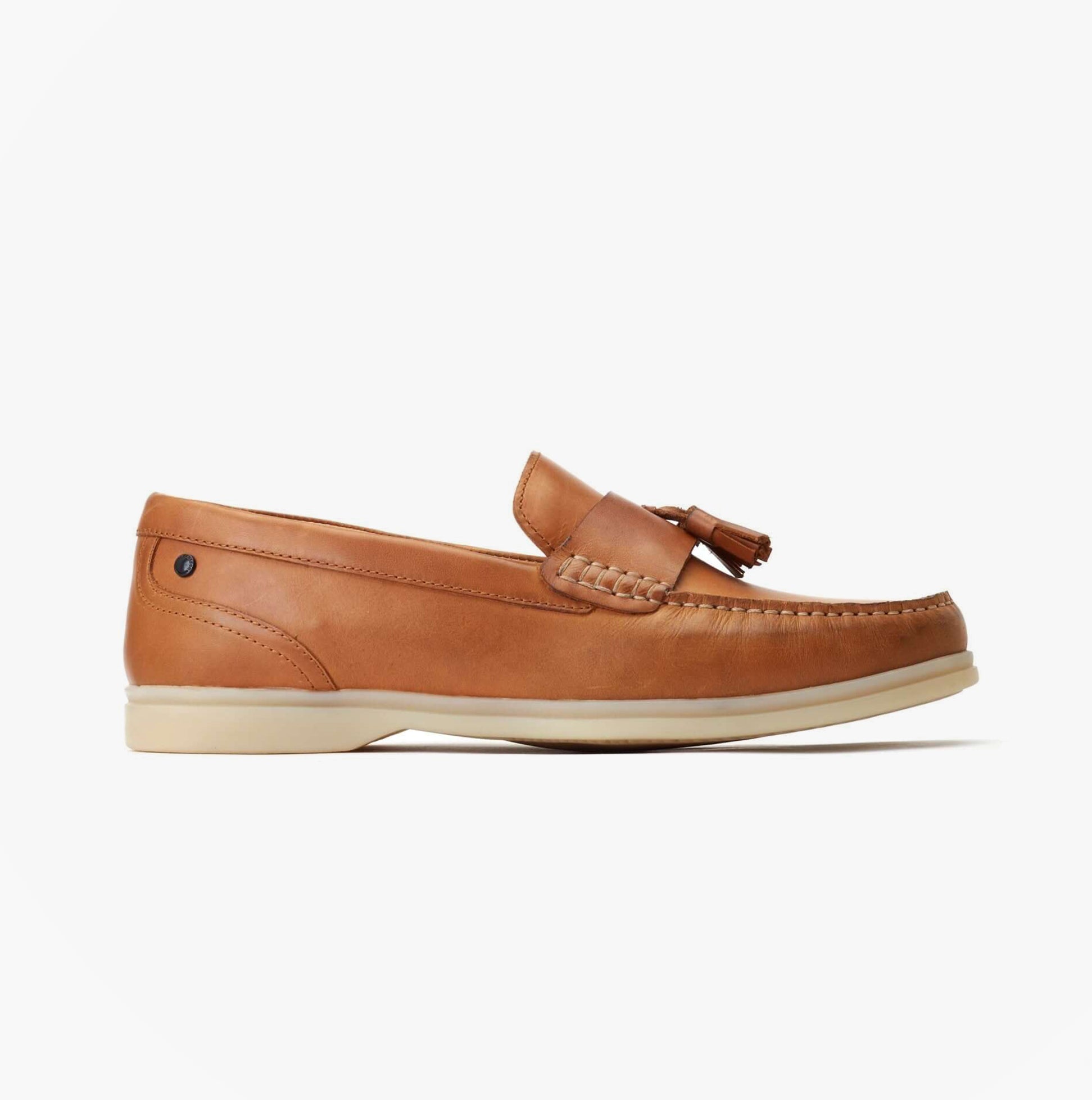 Base London BONITO Mens Shoes Tan side view loafers in leather with slip-on design and tassel detail.