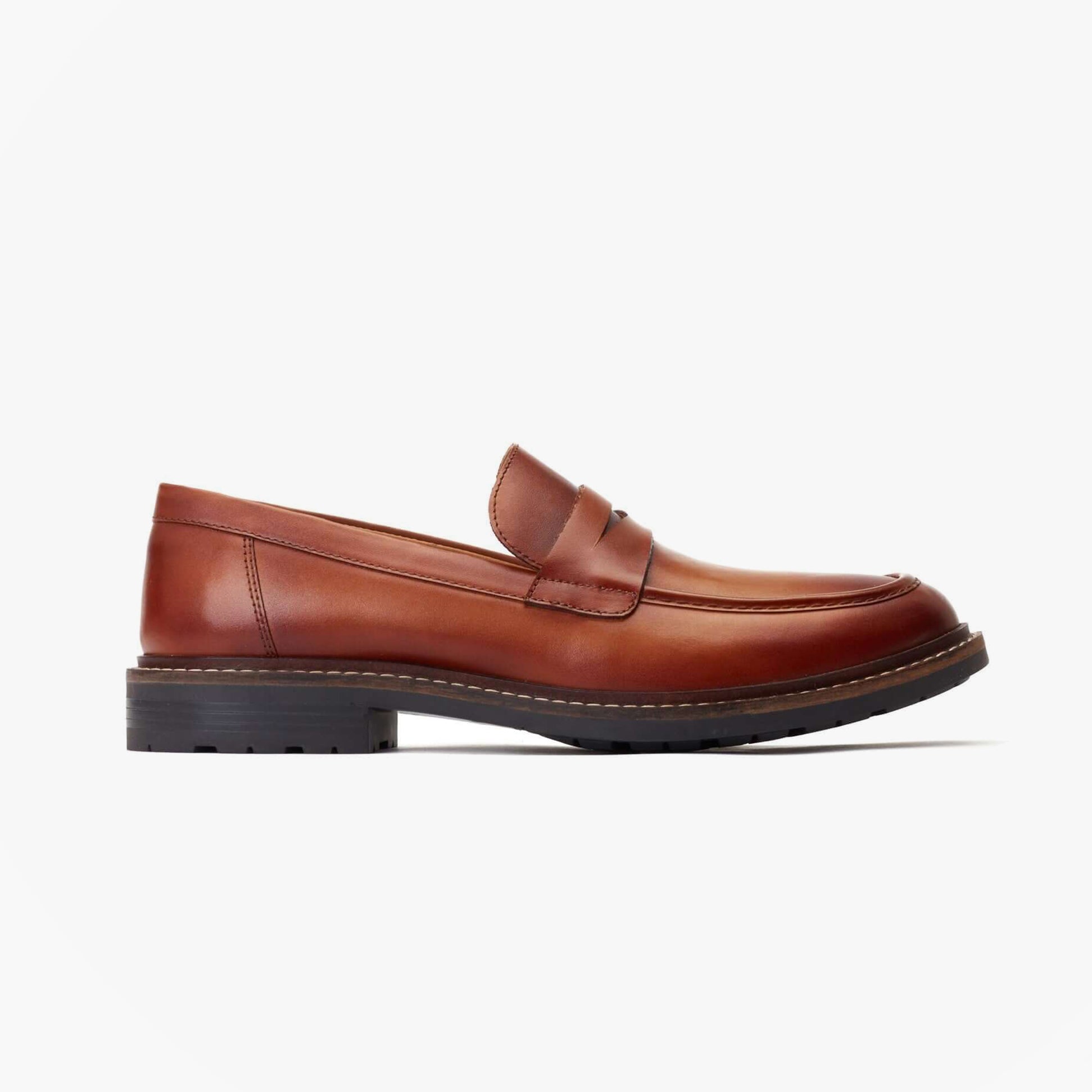 Base London IVEY Mens Shoes Tan side view leather loafers with rubber sole and almond toe shape.